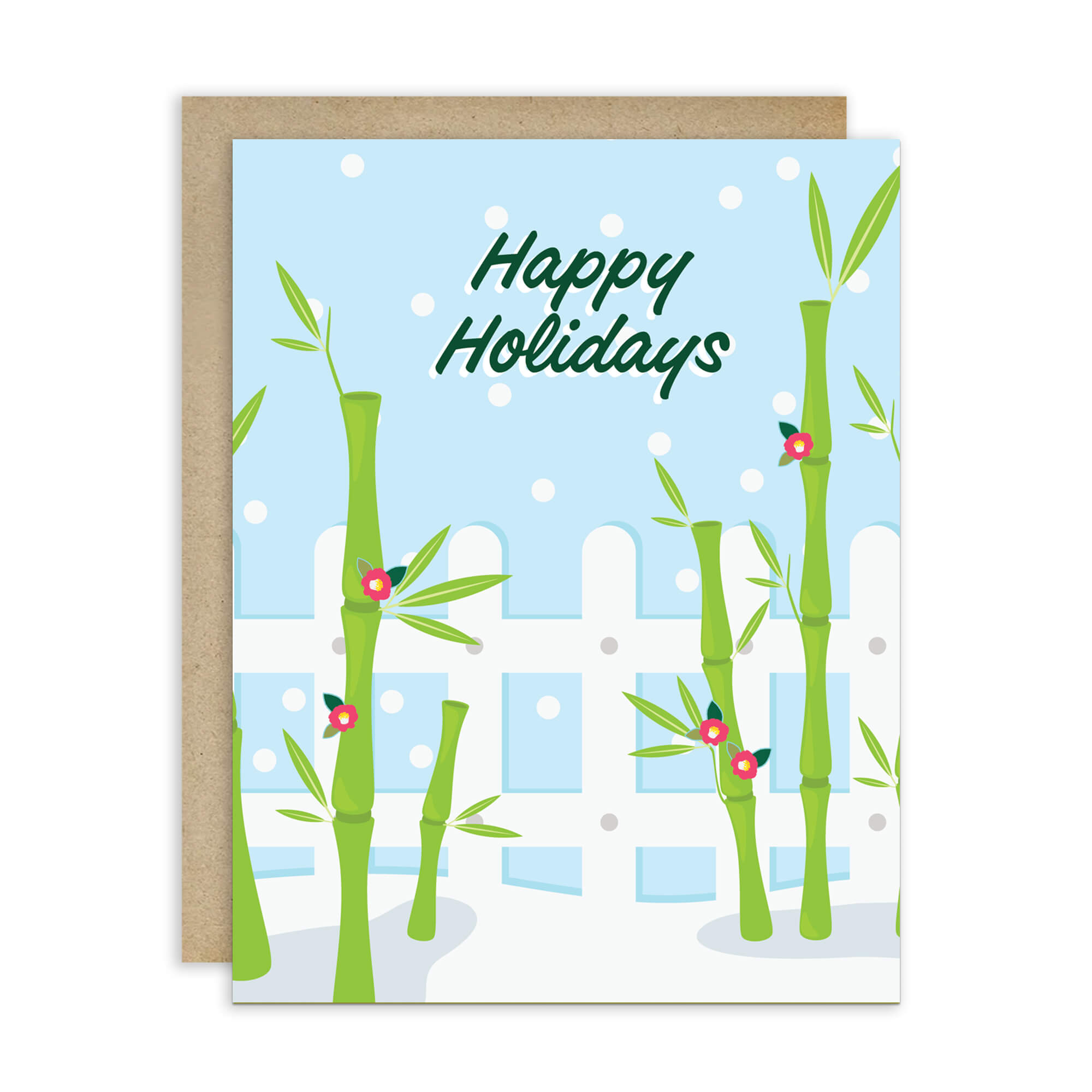 Greeting card with bamboo design and 'Happy Holidays' text on a light blue background.