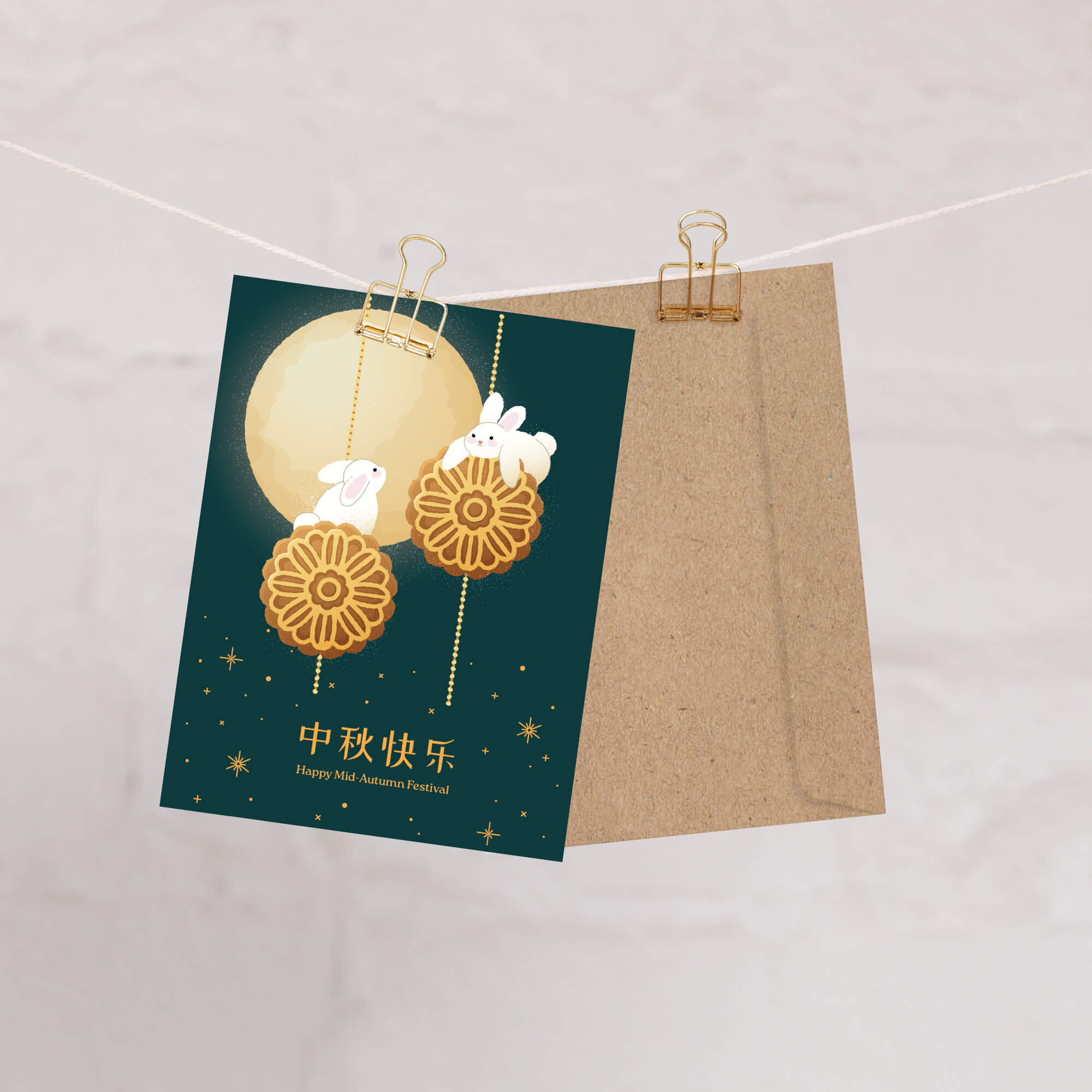 asian Greeting card with rabbits and moon design on a dark green background, featuring 'Happy Mid-Autumn Festival' text.