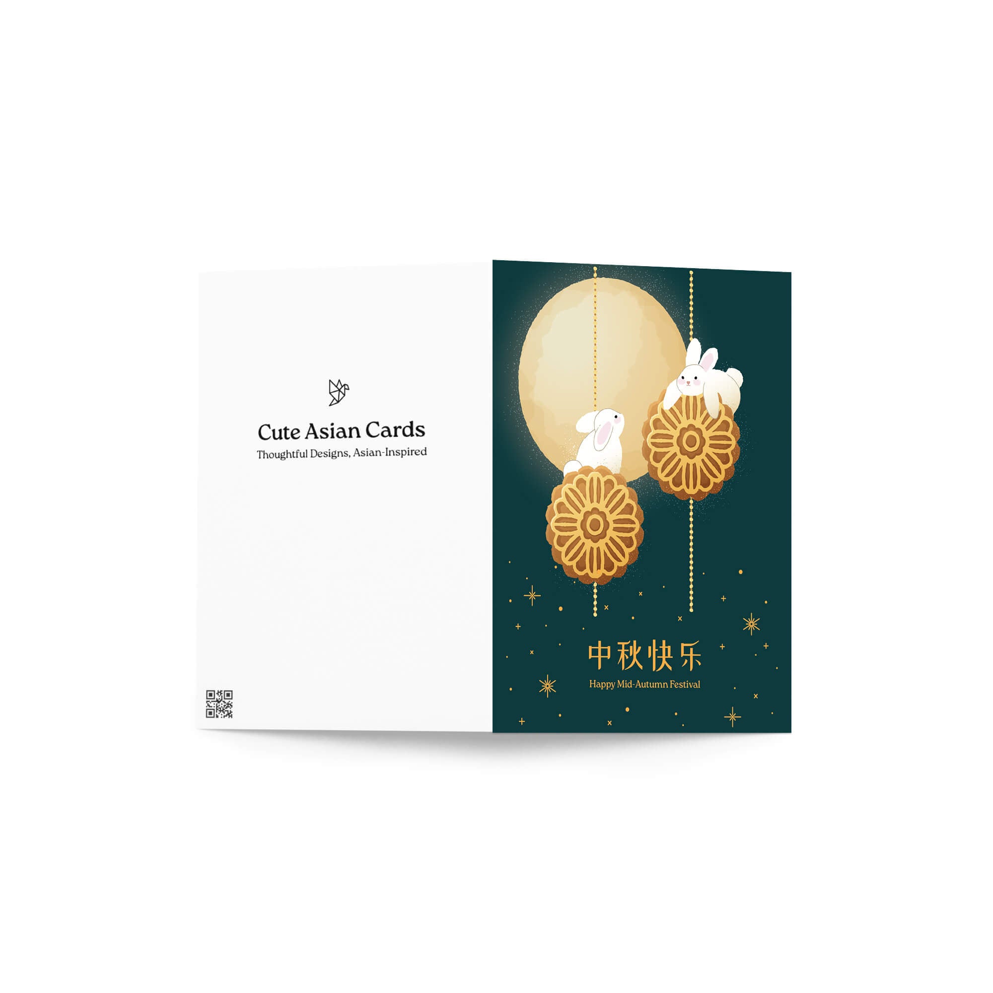 asian Greeting card with rabbits and moon design on a dark green background, featuring 'Happy Mid-Autumn Festival' text.