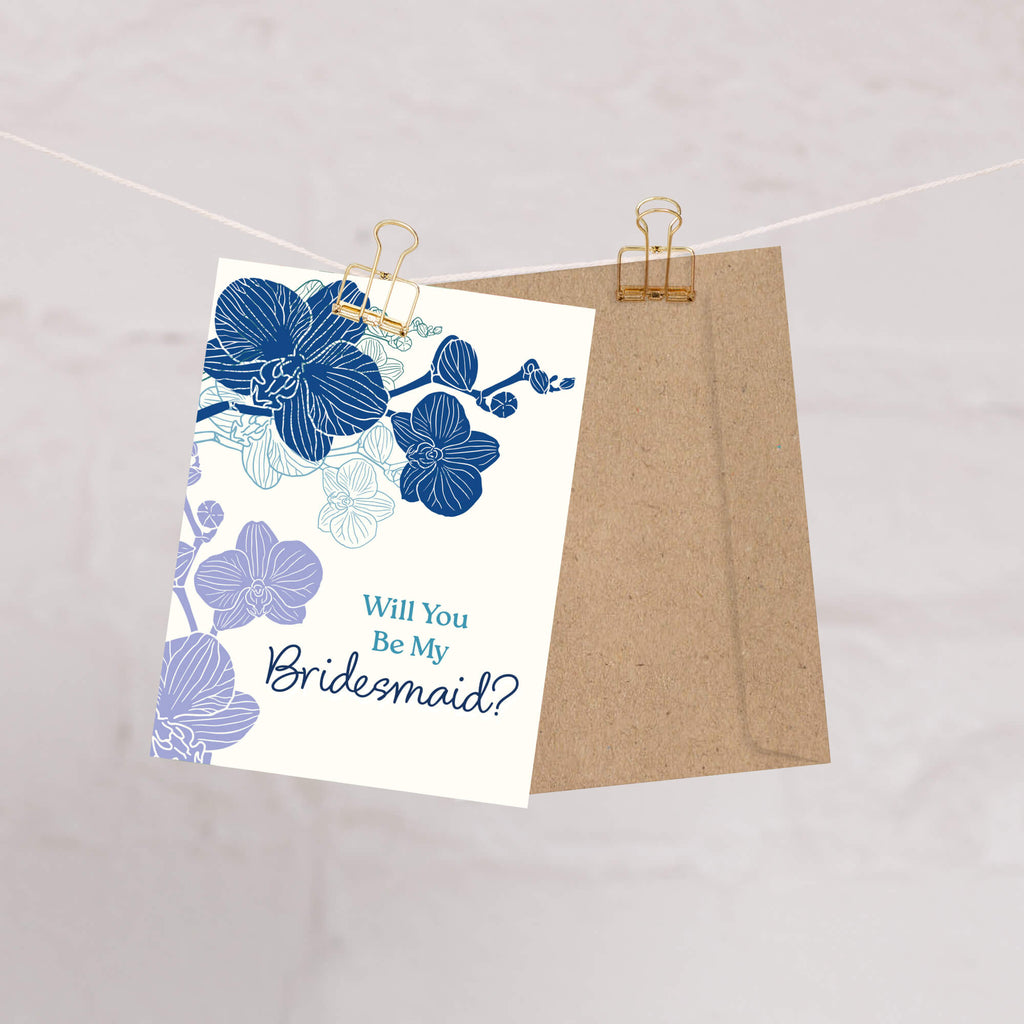 Will You Be My Bridesmaid Card | Elegant Blue Orchid Proposal Card