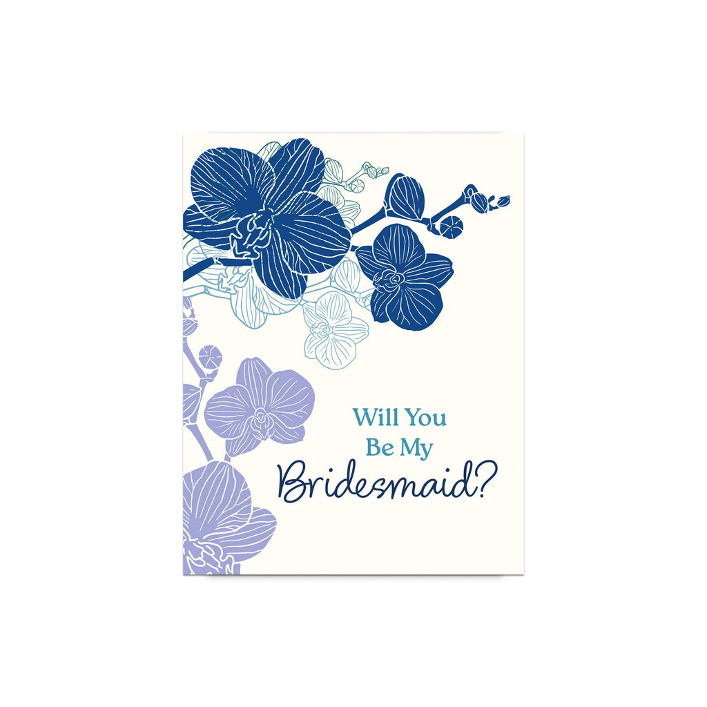 Card with blue floral design and 'Will You Be My Bridesmaid?' text on a white background