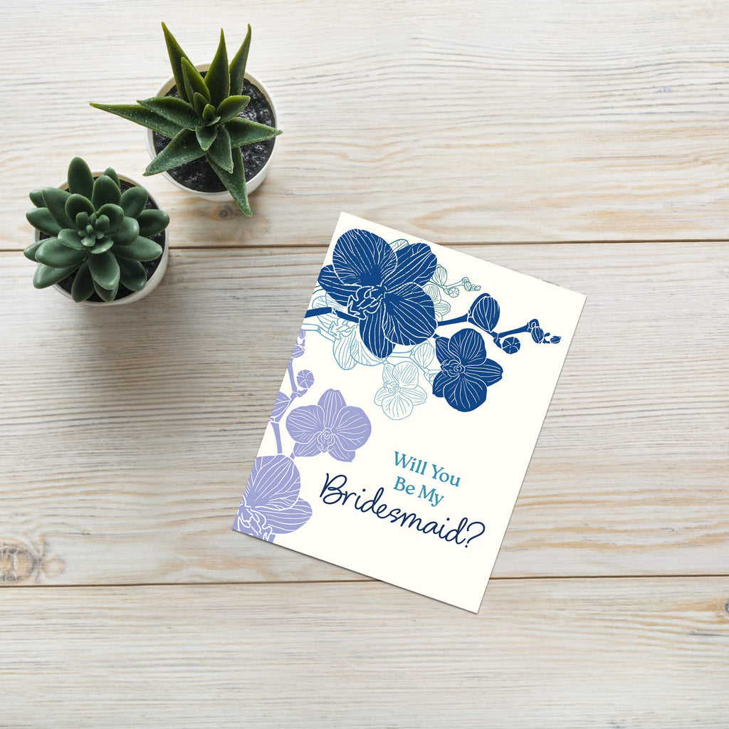 Will You Be My Bridesmaid Card | Elegant Blue Orchid Proposal Card