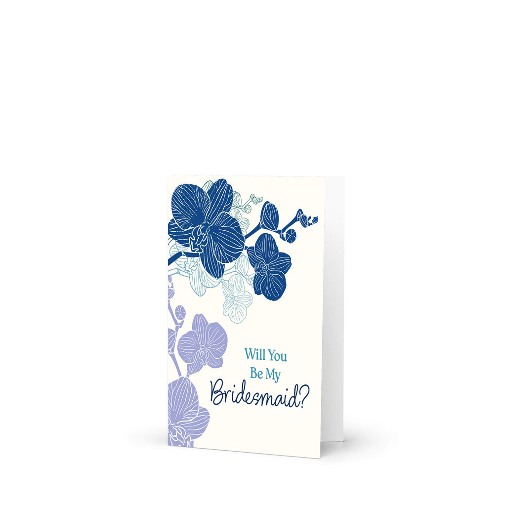 Greeting card with blue floral design and 'Will You Be My Bridesmaid?' text on a white background