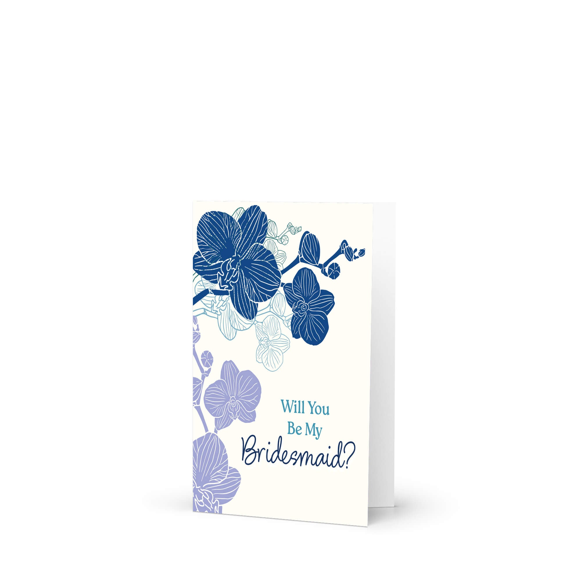Greeting card with blue floral design and 'Will You Be My Bridesmaid?' text on a white background