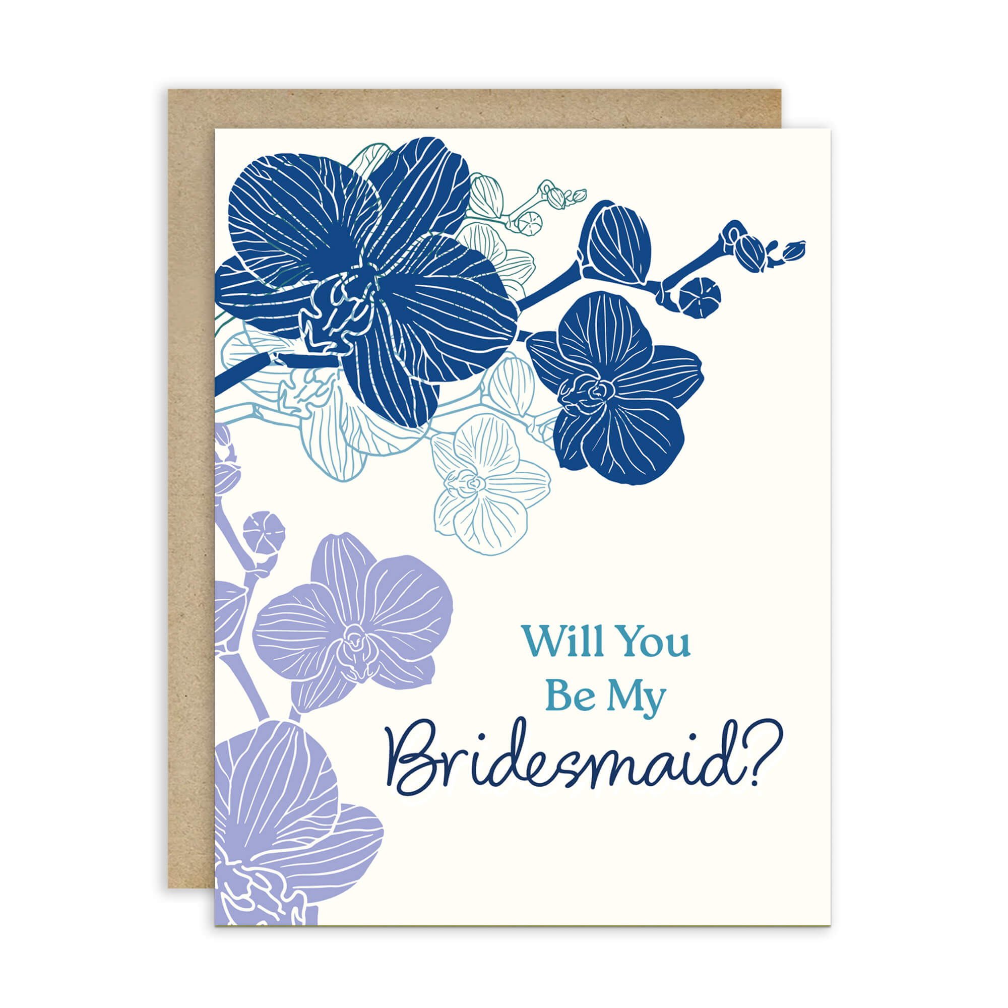 Floral card asking 'Will You Be My Bridesmaid?' with blue orchids on a white background