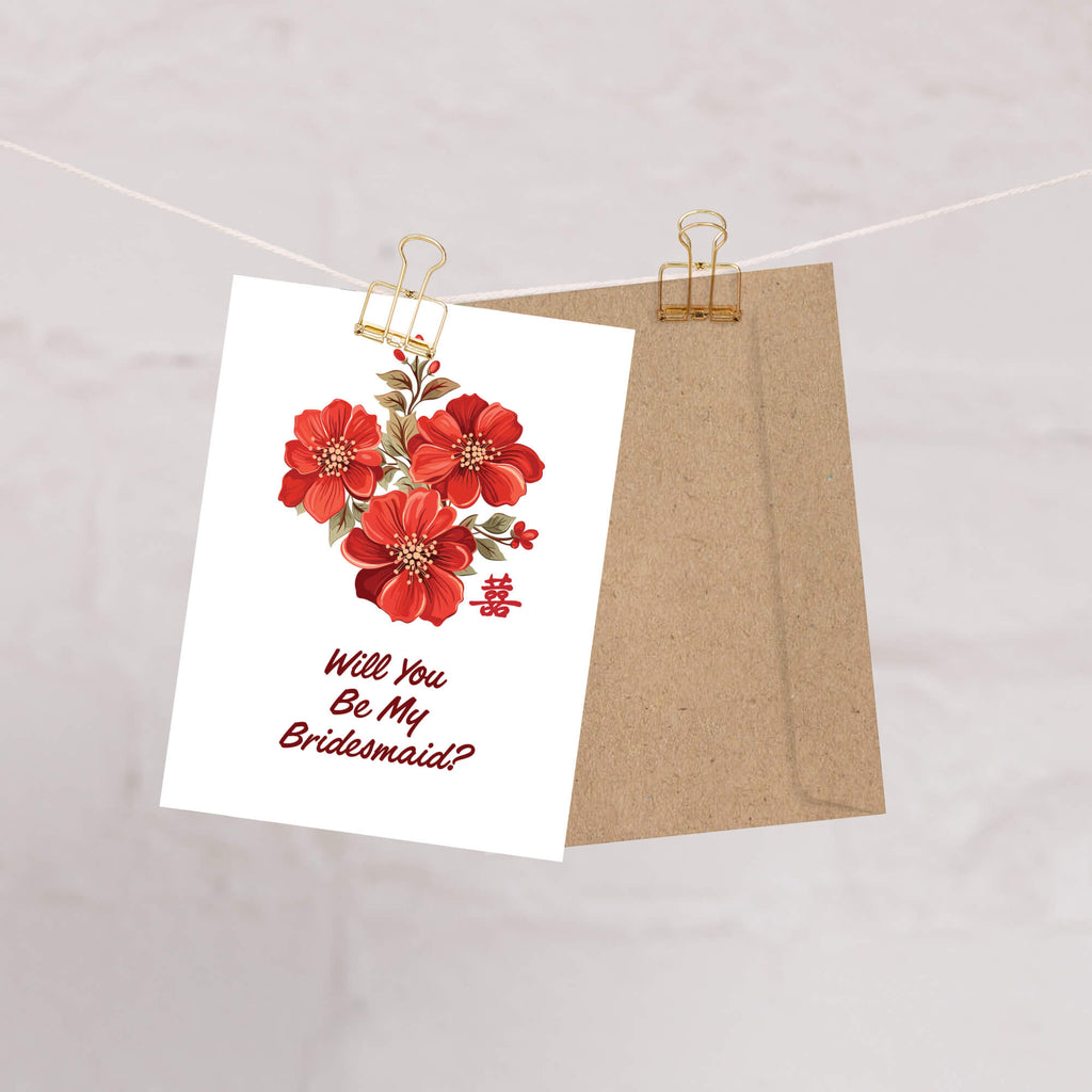 Red Bridesmaid Proposal Card |  Chinese Double Happiness Floral Wedding Card