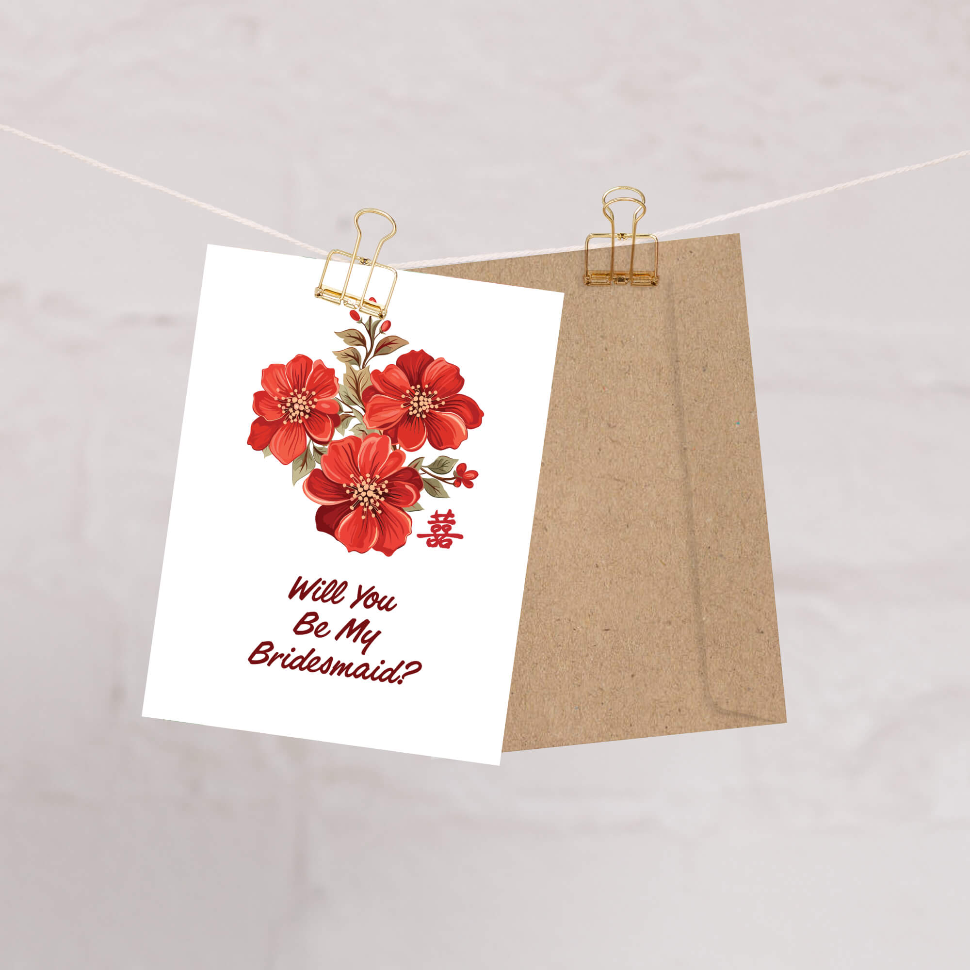 Red Bridesmaid Proposal Card |  Chinese Double Happiness Floral Wedding Card