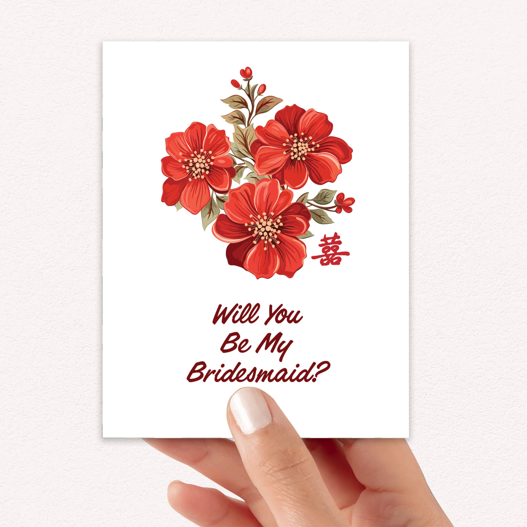 Red Bridesmaid Proposal Card |  Chinese Double Happiness Floral Wedding Card