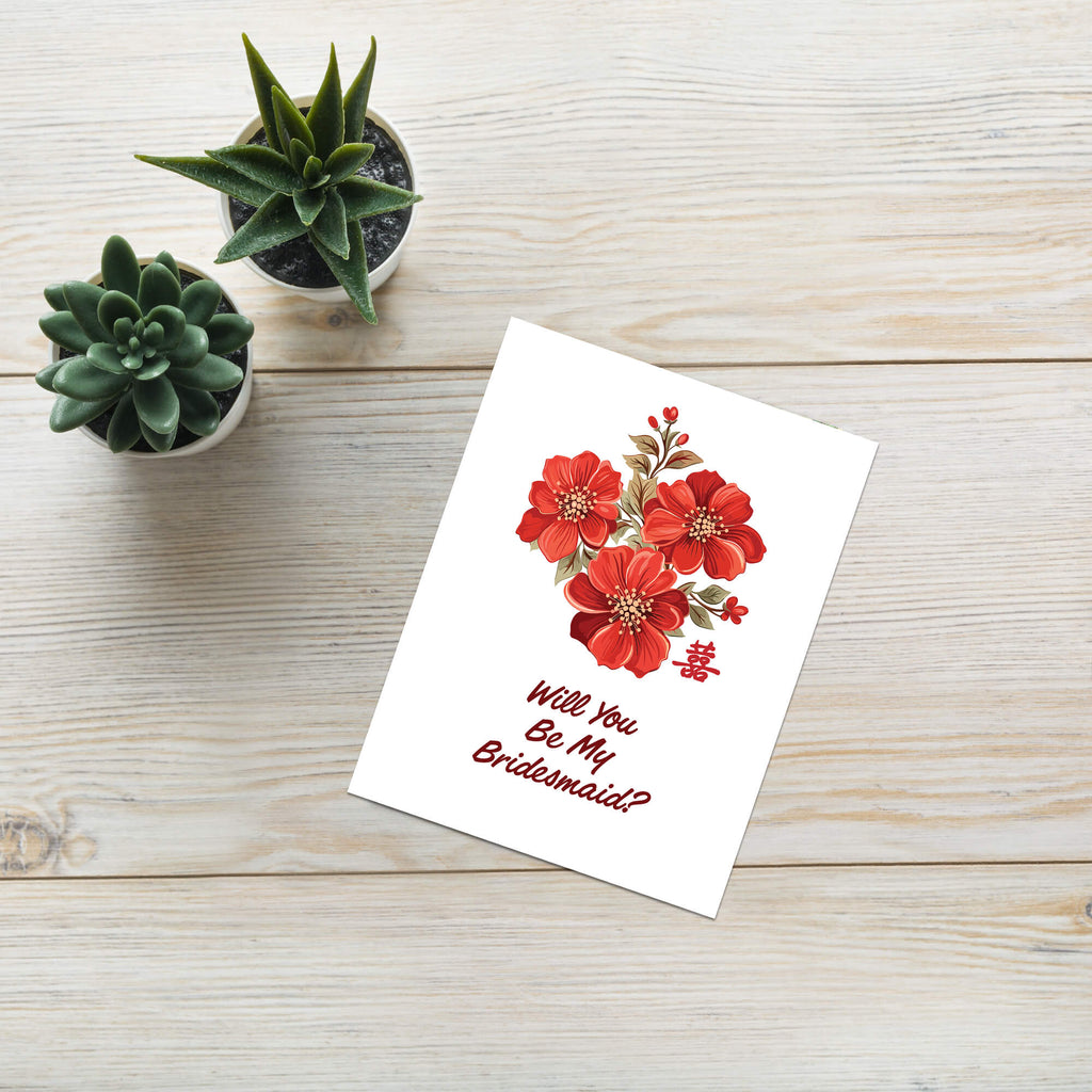 Red Bridesmaid Proposal Card |  Chinese Double Happiness Floral Wedding Card