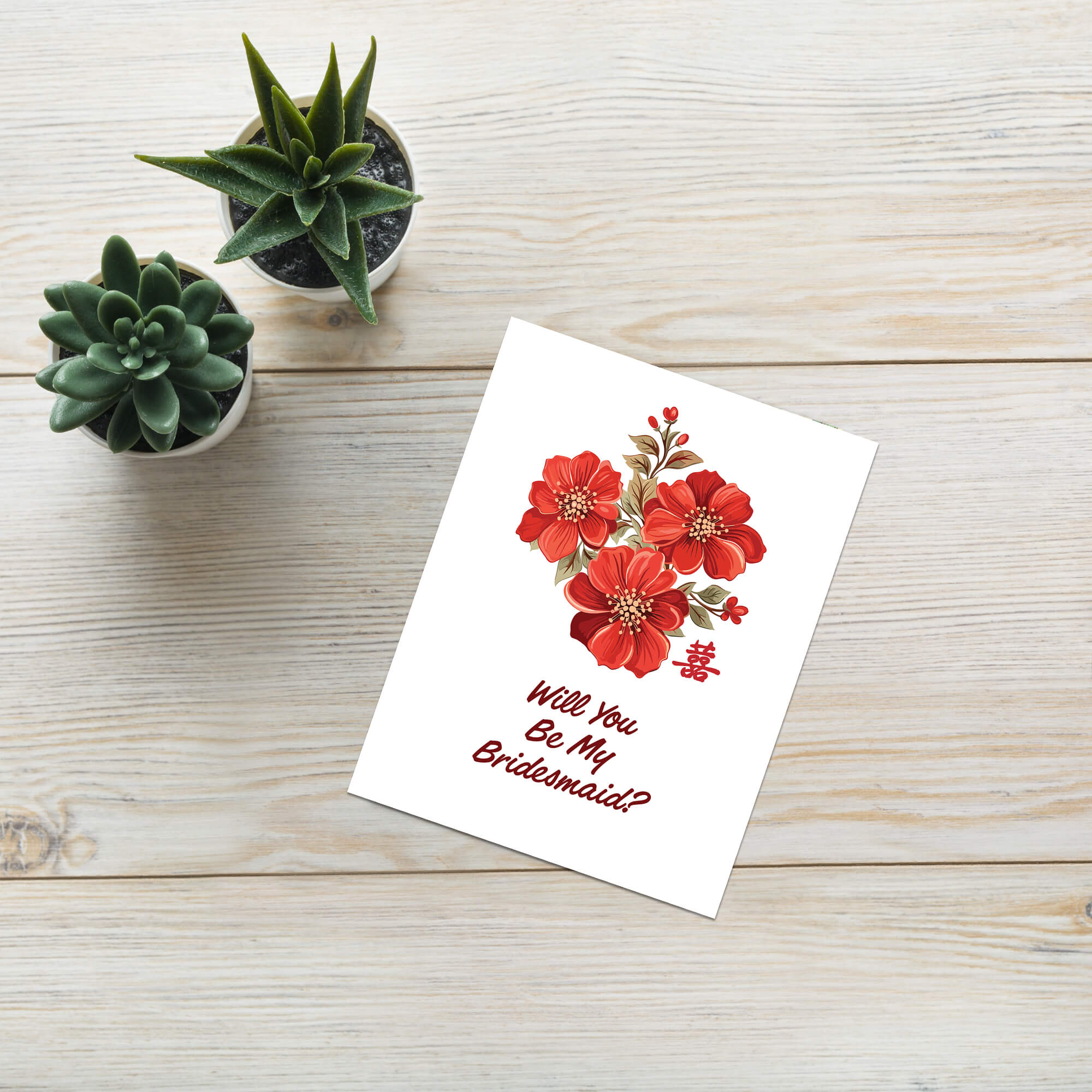 Red Bridesmaid Proposal Card |  Chinese Double Happiness Floral Wedding Card