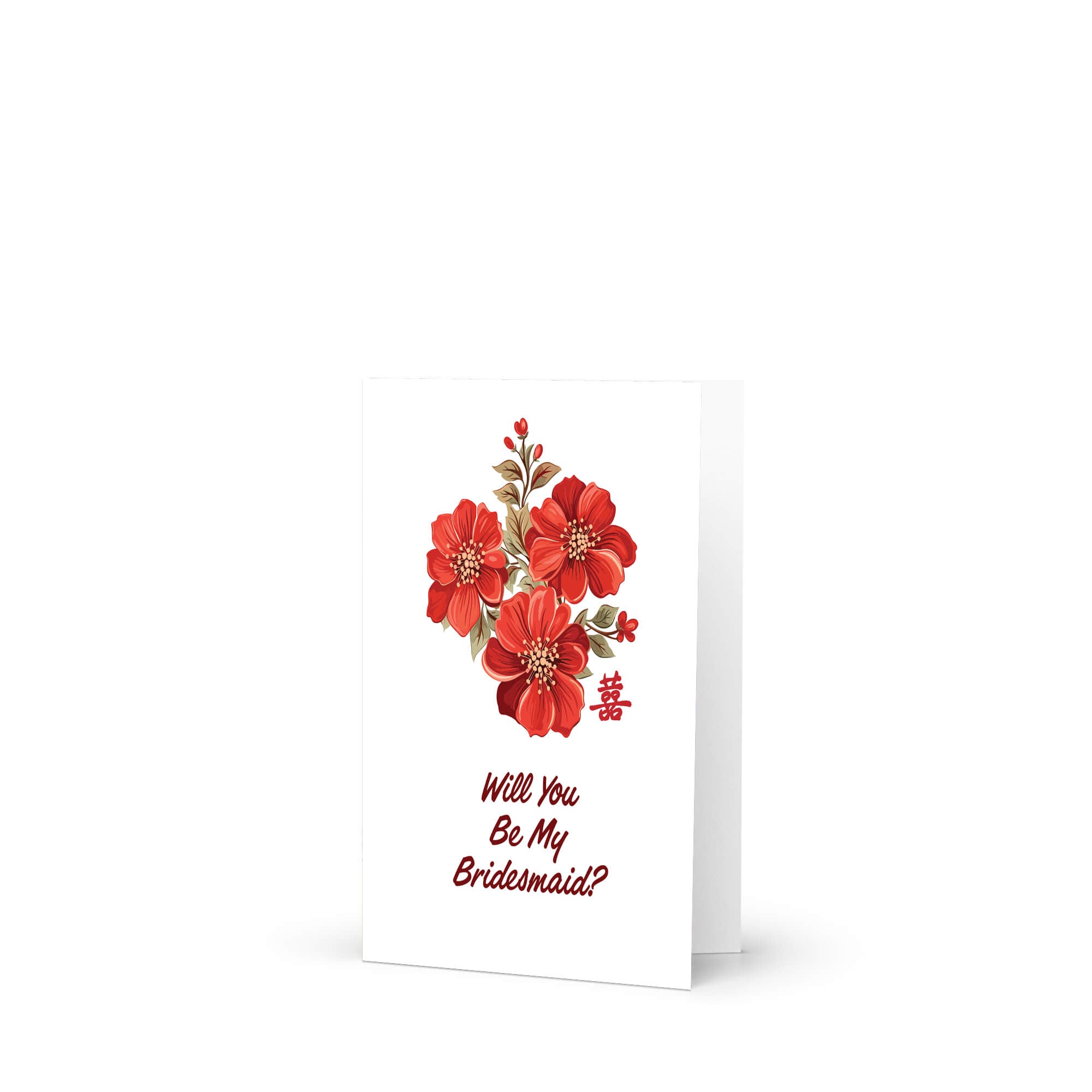 Greeting card with red floral design and text 'Will You Be My Bridesmaid?' on a white background