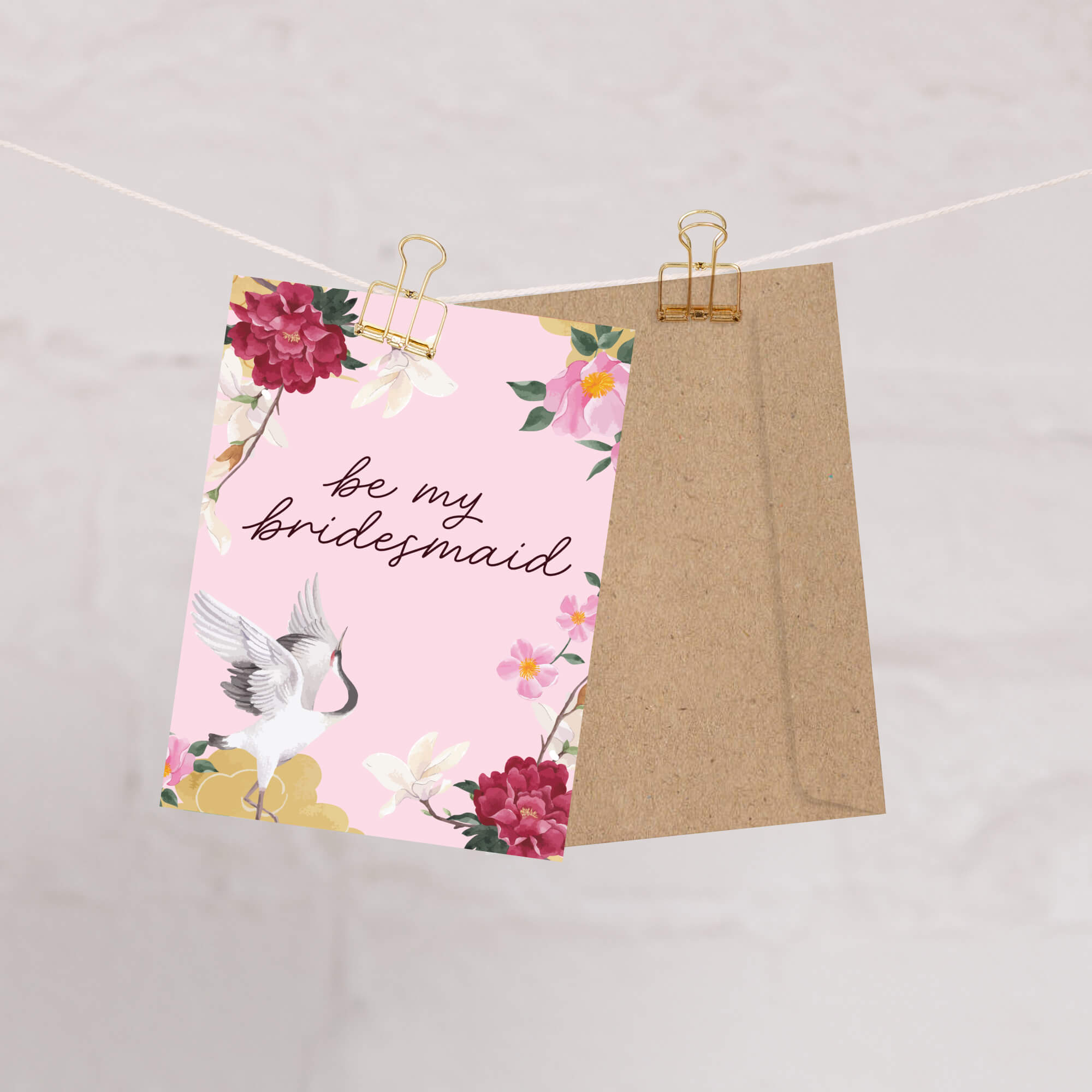 Be My Bridesmaid Card | Japanese Crane and Peony Floral Proposal Card