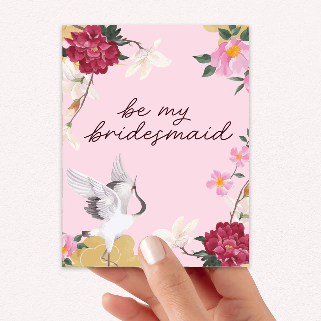 Be My Bridesmaid Card | Japanese Crane and Peony Floral Proposal Card