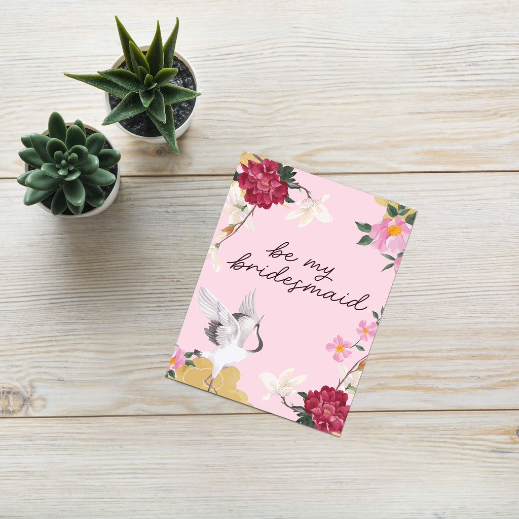 Be My Bridesmaid Card | Japanese Crane and Peony Floral Proposal Card