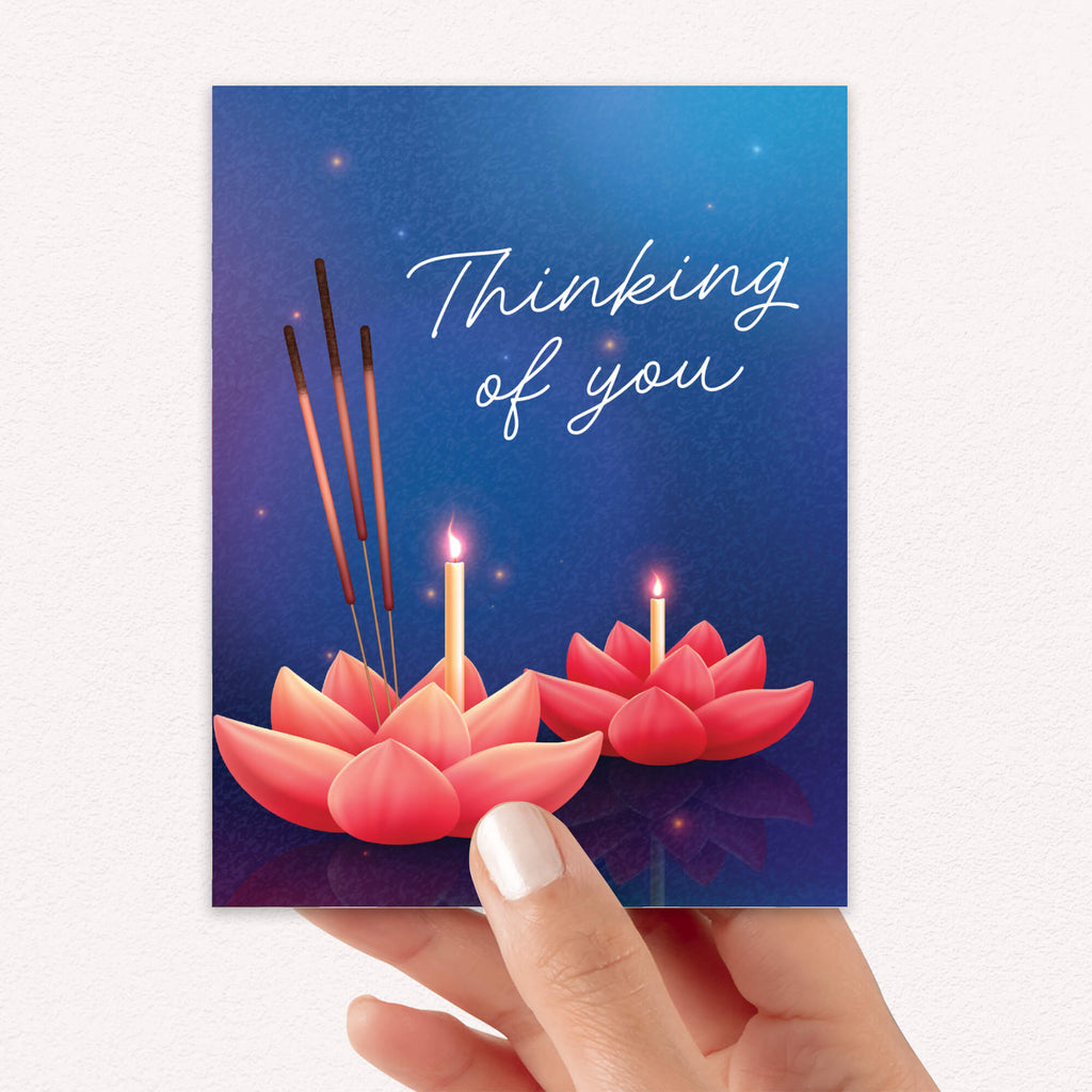 Lotus Thinking of You Sympathy Card | Incense Candle Buddhist Condolence