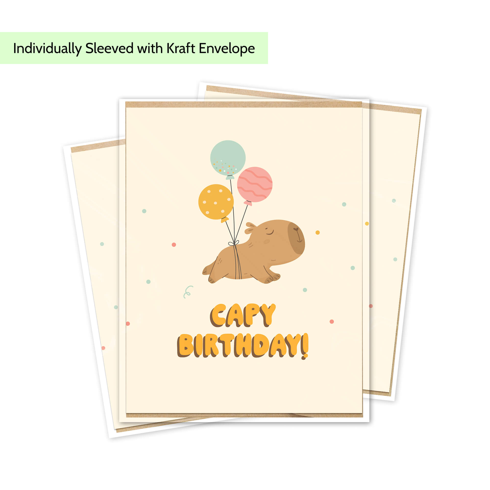 A cute capybara birthday card with a kraft envelope, featuring a cartoon capybara holding balloons and the text 'Capy Birthday!'.