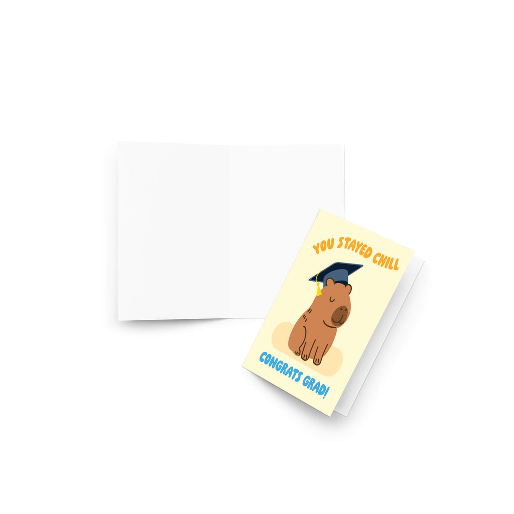 cute Graduation card with a capybara wearing a cap and 'You Stayed Chill Congrats Grad!' text on a yellow background.