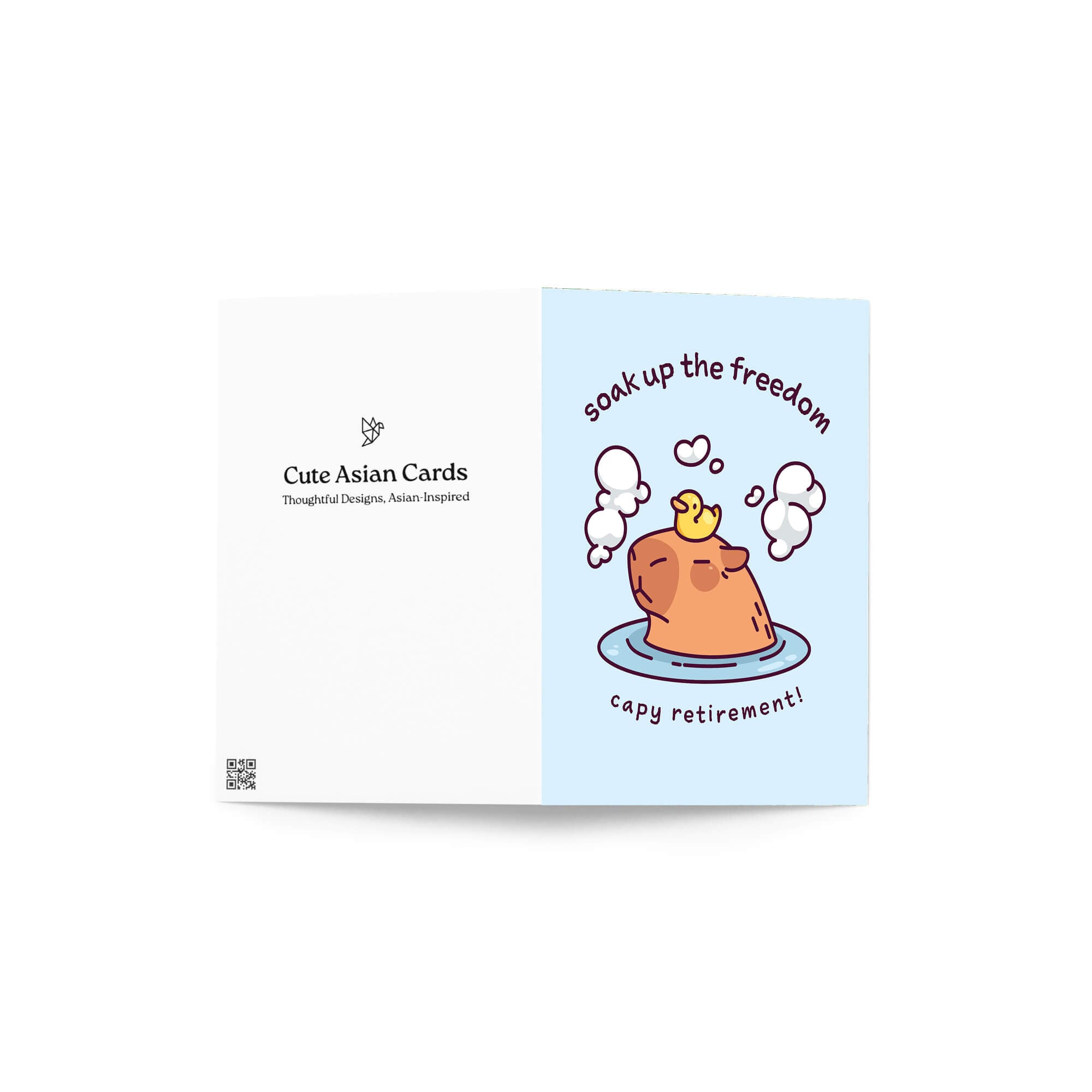 Card with cartoon duck and text 'soak up the freedom capy retirement!' on a white background