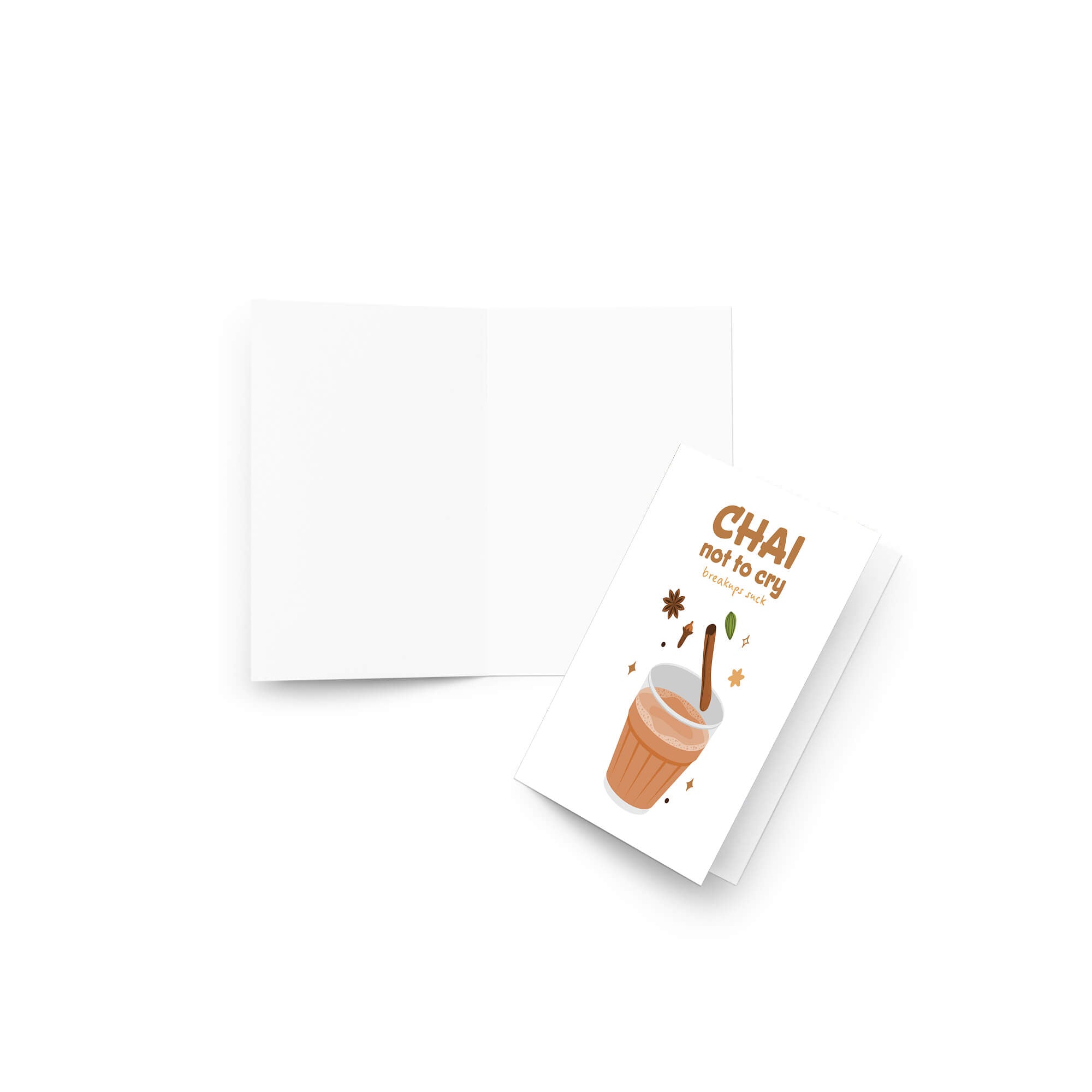 Greeting card with a cup of chai and text 'Chai not to cry' on a white background