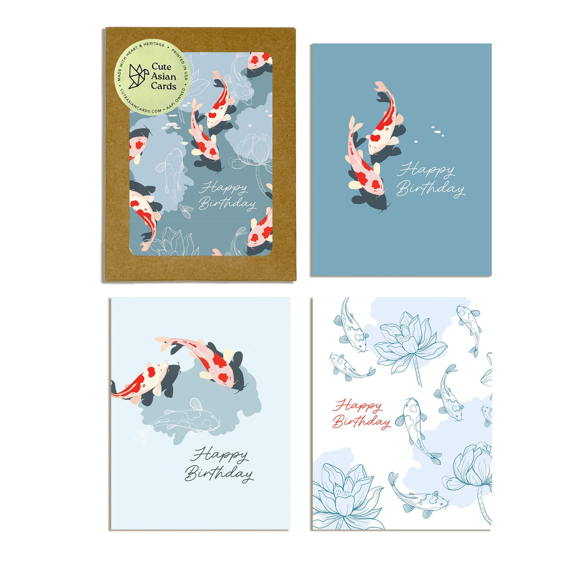 Koi Fish 8 Assorted Birthday Cards | Blue Japanese Boxed Greetings