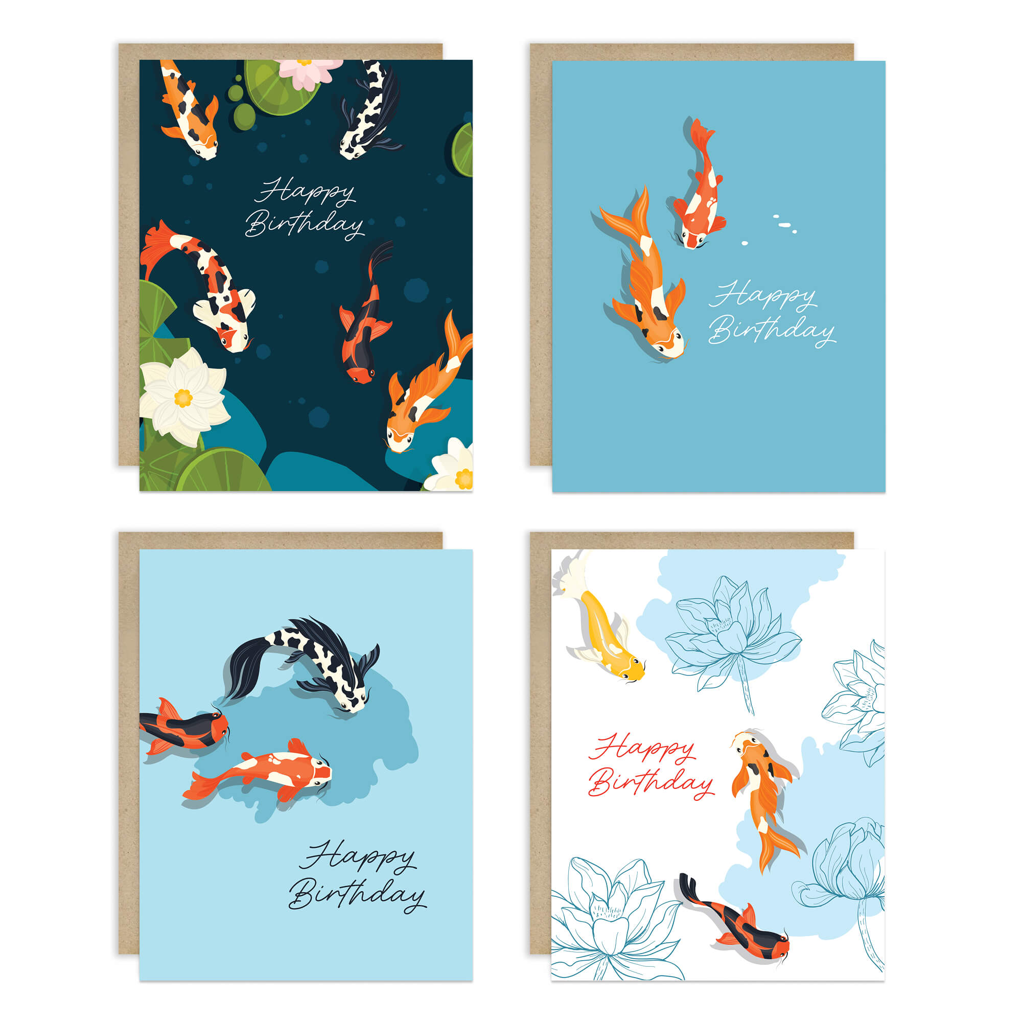 Koi Fish 8 Assorted Birthday Cards | Blue Japanese Boxed Greetings
