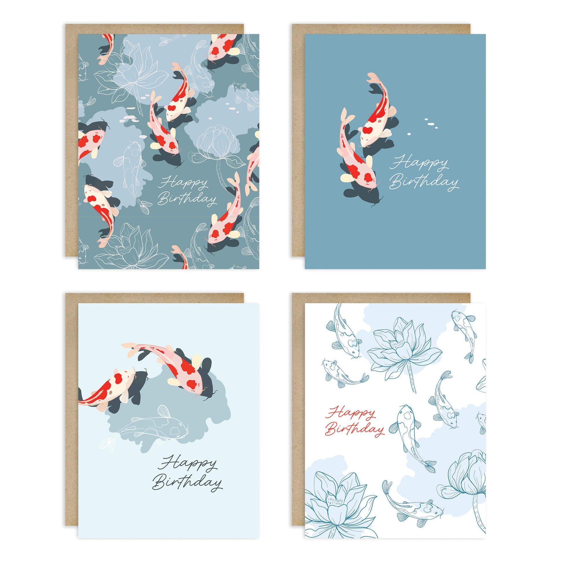 Koi Fish 8 Assorted Birthday Cards | Blue Japanese Boxed Greetings