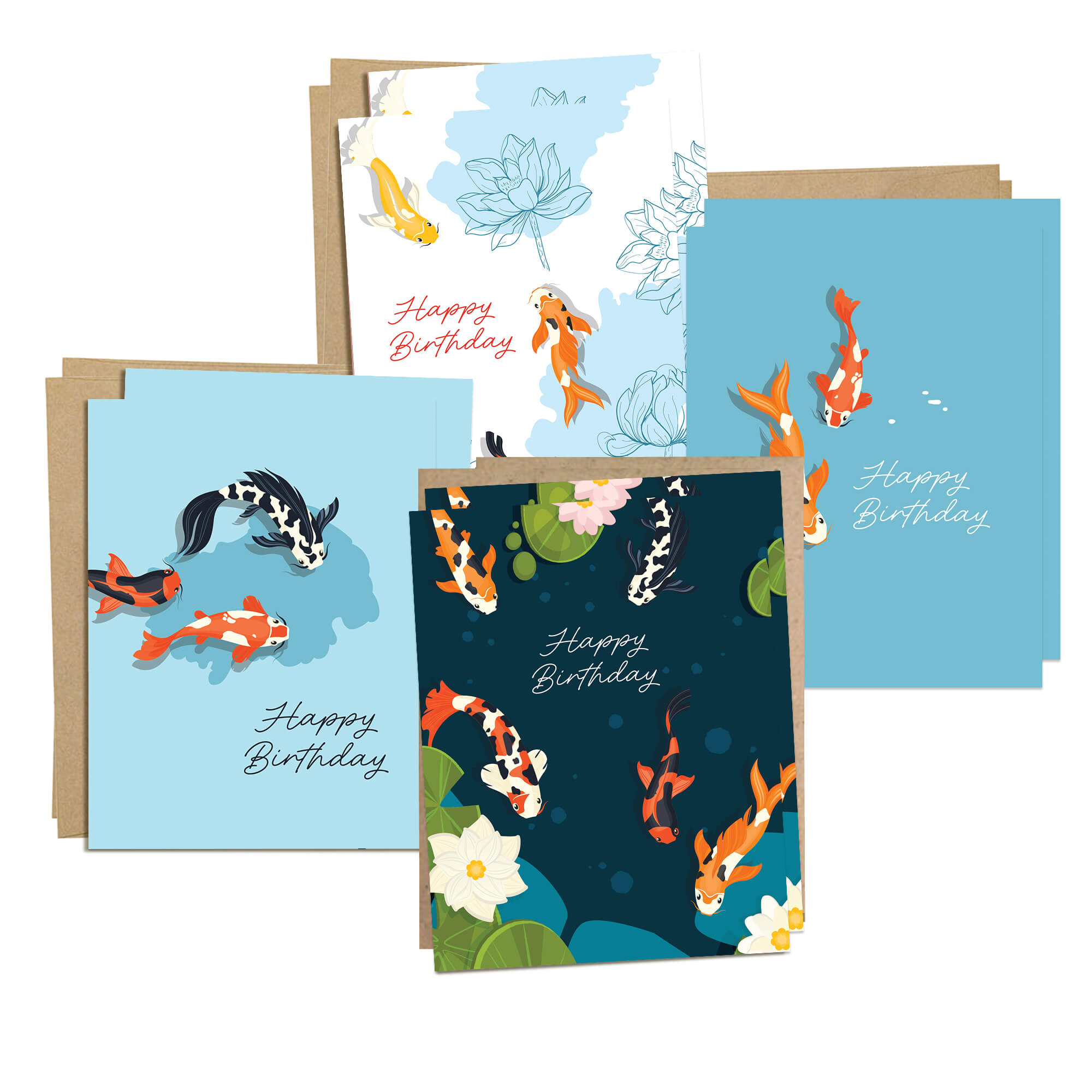 Koi Fish 8 Assorted Birthday Cards | Blue Japanese Boxed Greetings