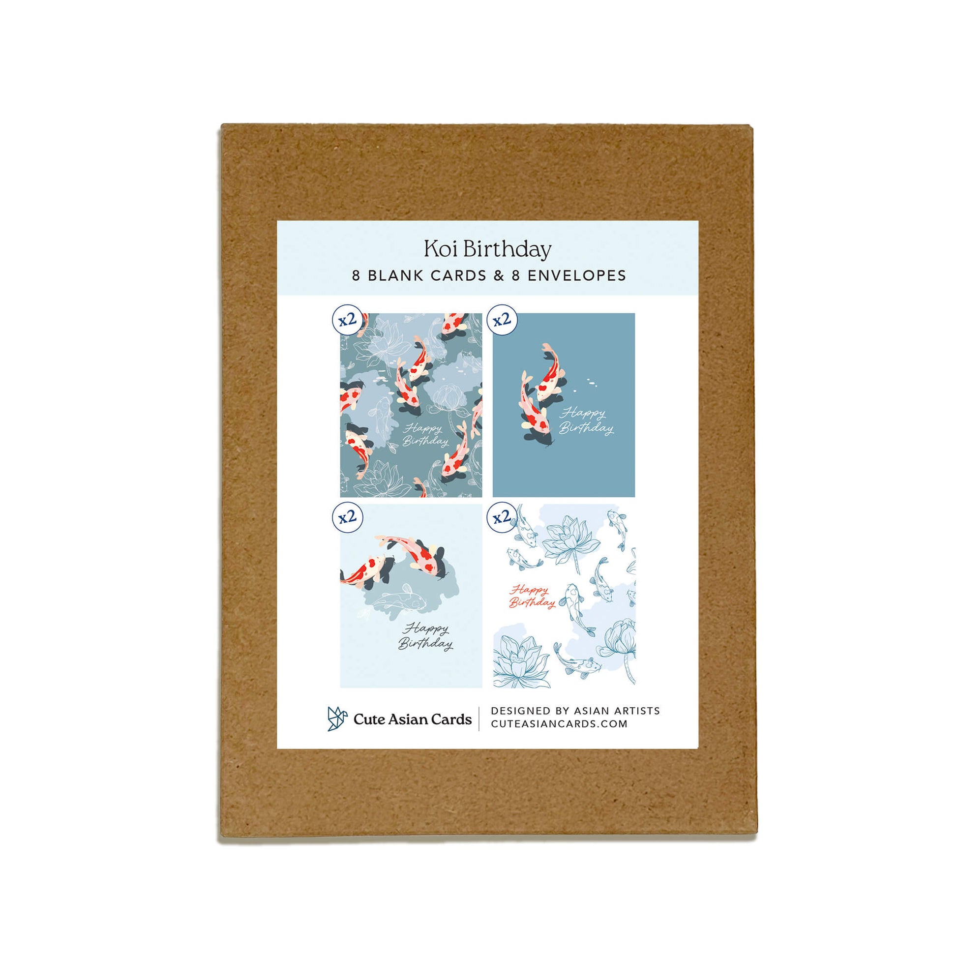 Koi Fish 8 Assorted Birthday Cards | Blue Japanese Boxed Greetings