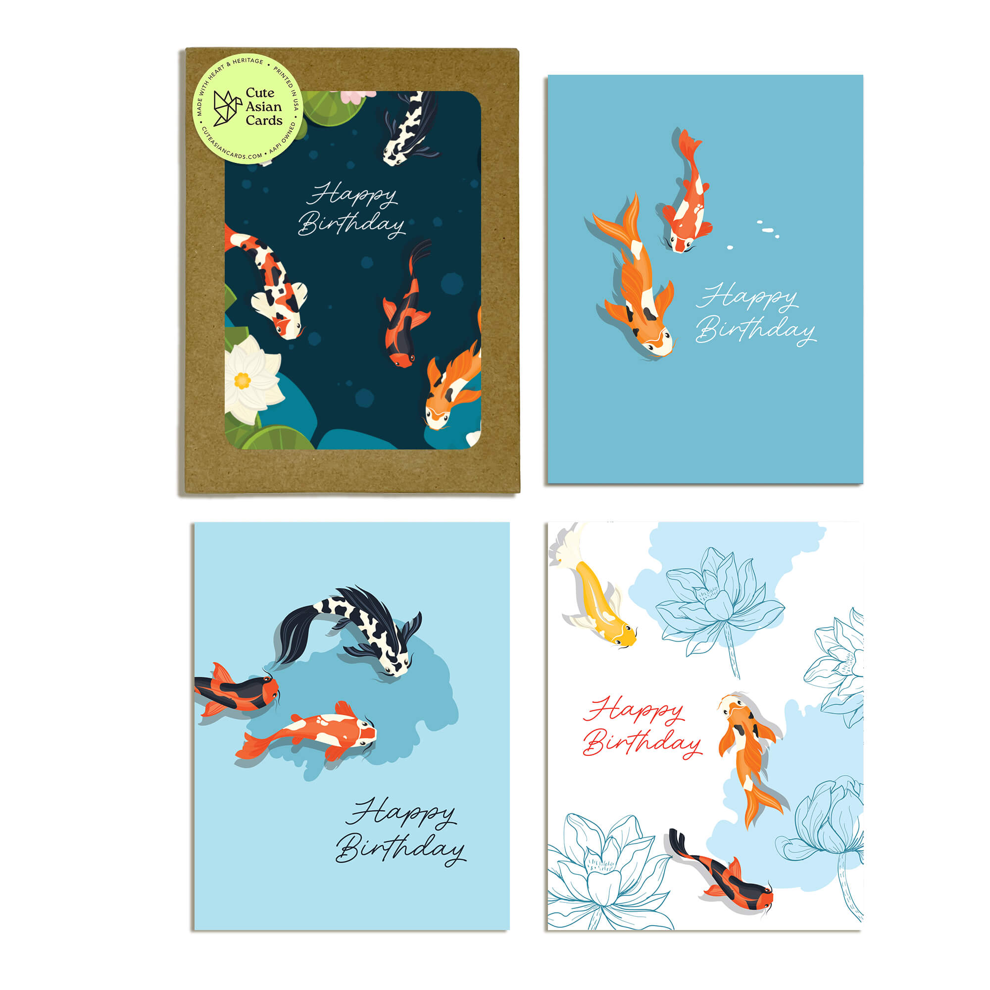 Koi Fish 8 Assorted Birthday Cards | Blue Japanese Boxed Greetings