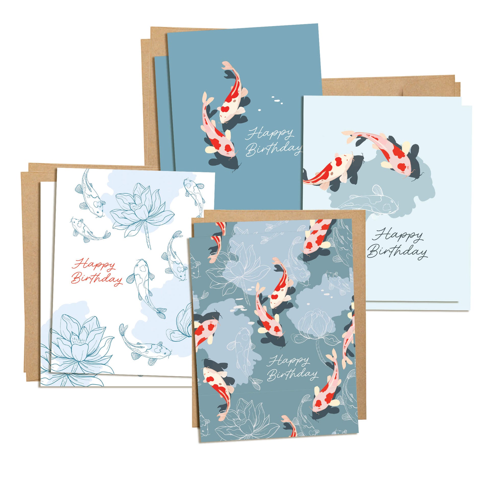 Koi Fish 8 Assorted Birthday Cards | Blue Japanese Boxed Greetings