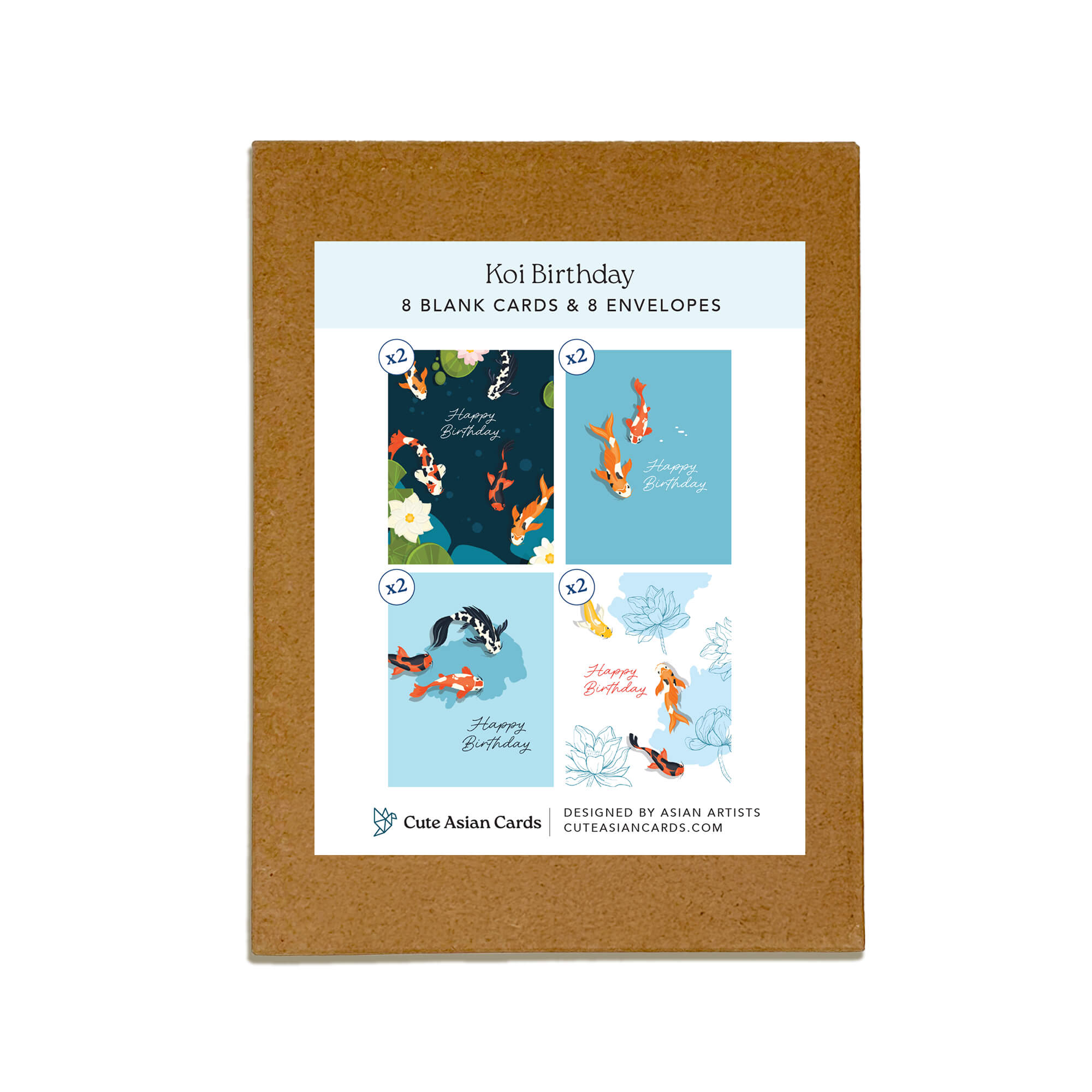 Koi Fish 8 Assorted Birthday Cards | Blue Japanese Boxed Greetings