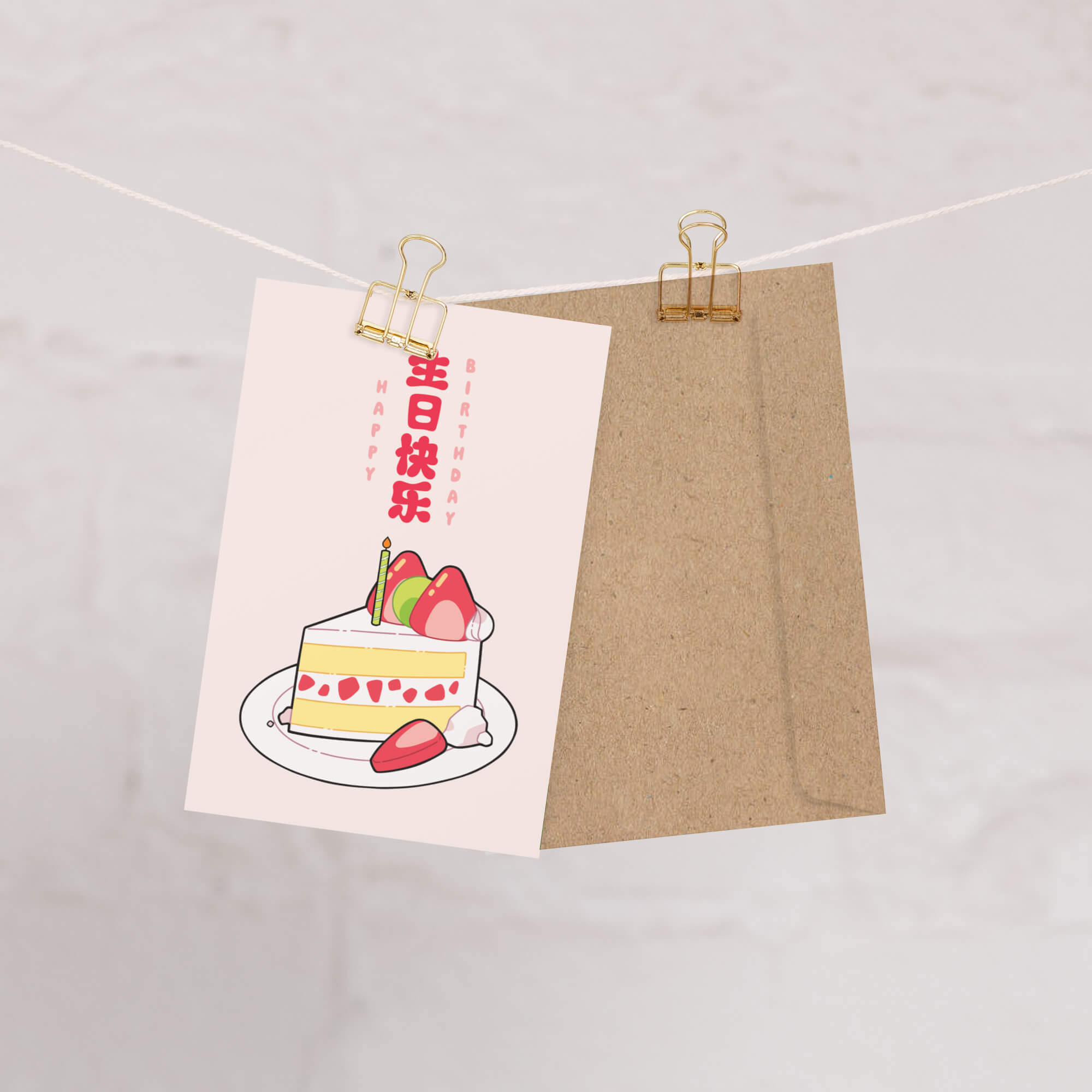 Strawberry Cake Chinese Birthday Card | Cute Slice Mandarin Happy Greetings