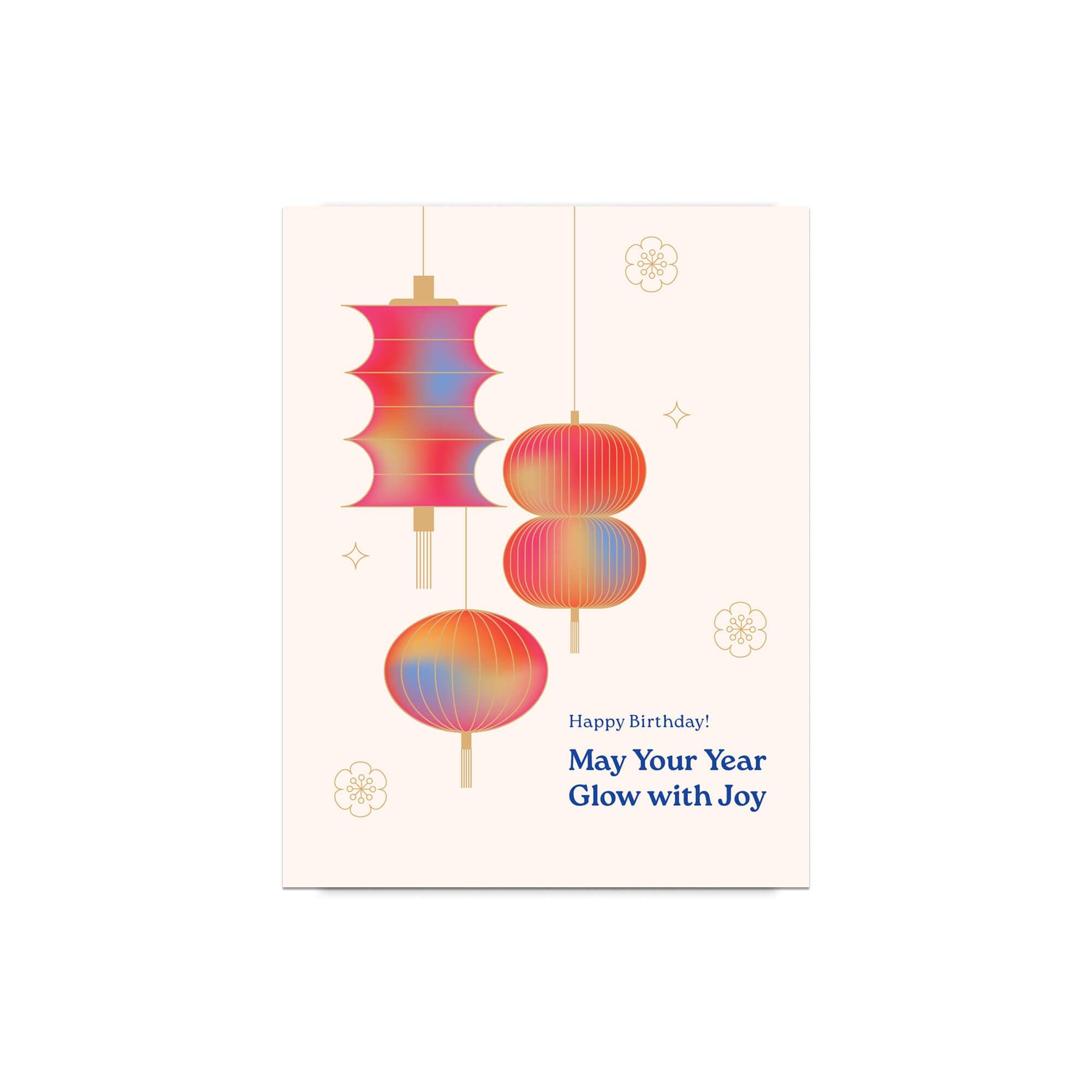 Greeting card with colorful lanterns and birthday message on a white background