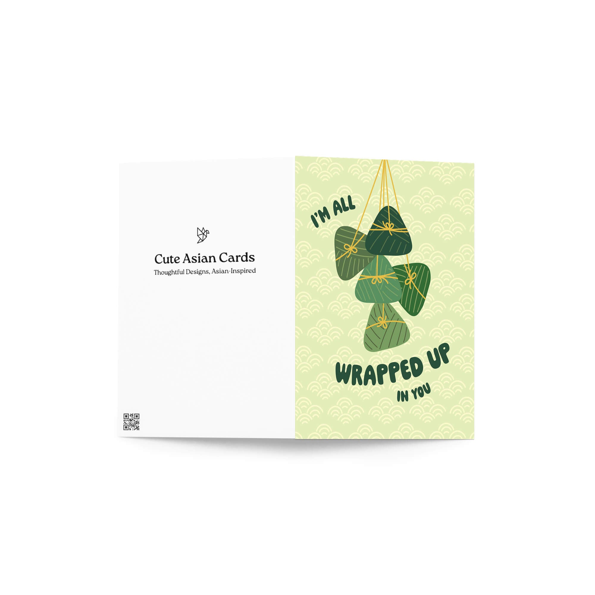 asian Greeting card with green banana leaf zong zi chinese tamale illustrations and text on a light green background