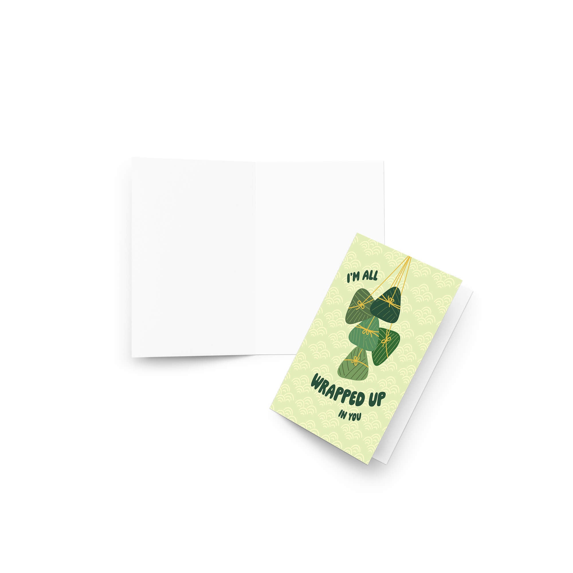 Greeting card with green banana leaf zong zi chinese tamale illustrations and text on a light green background dragon boat festival