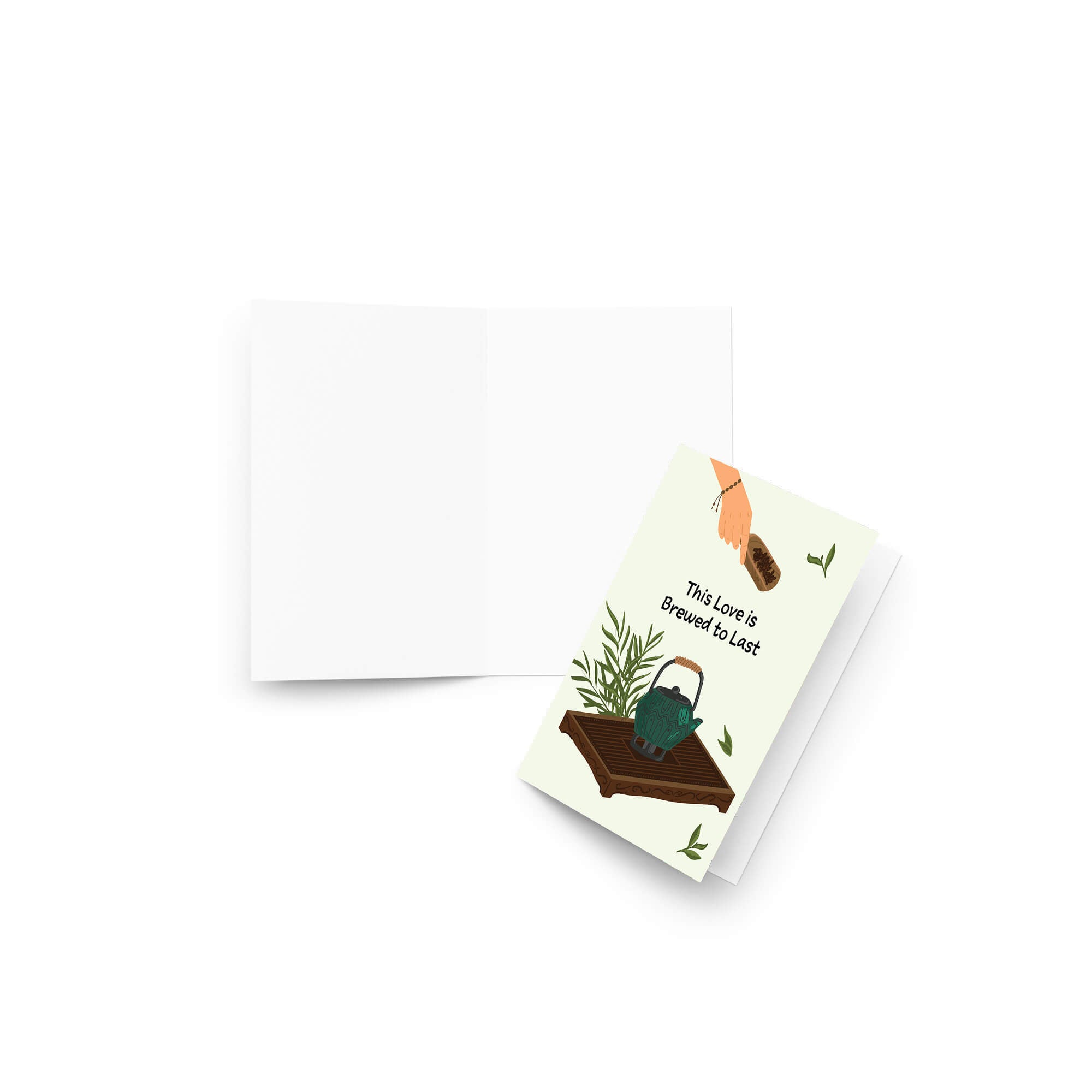 Greeting card with a teapot illustration and text on a white background