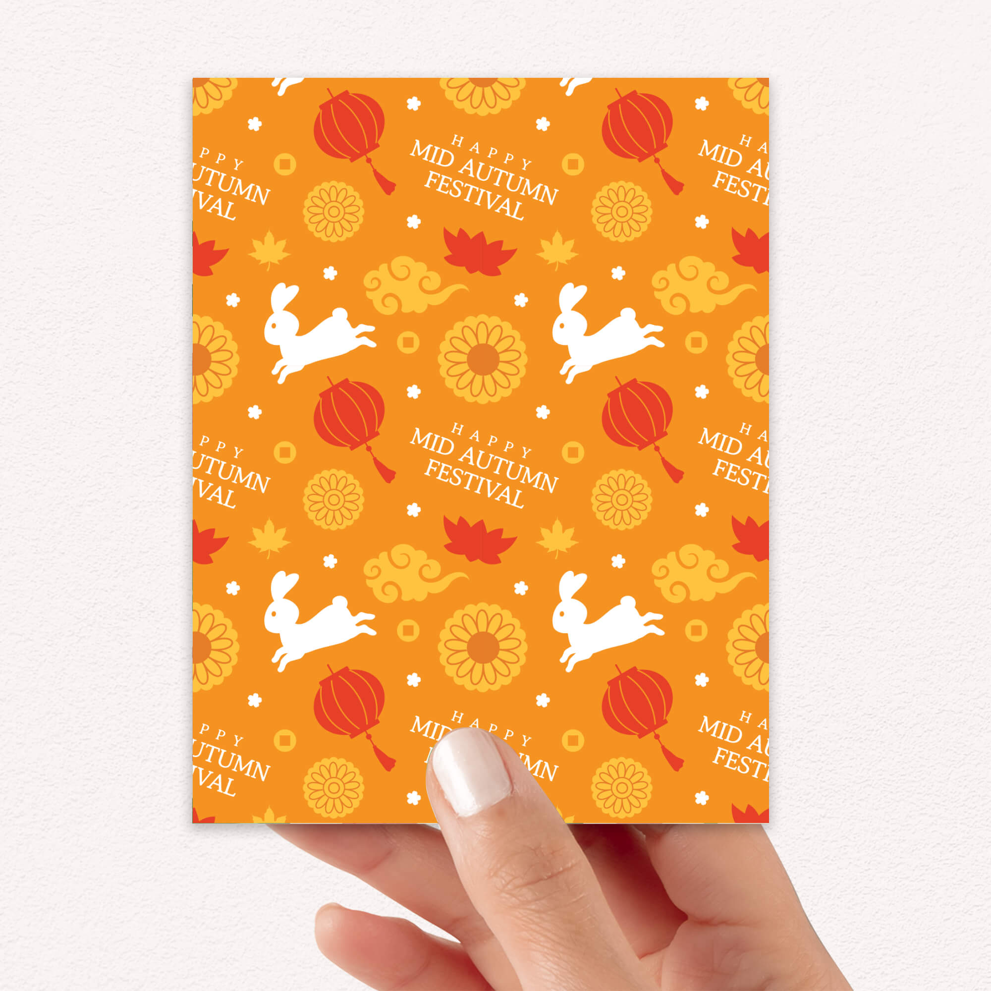 orange mid autumn festival greeting card with a festive design featuring rabbits, mooncakes, and autumn leaves on an orange background.
