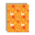 orange chinese vietnamese Greeting card with Mid Autumn Festival design featuring rabbits, mooncakes, and autumn leaves on an orange background.