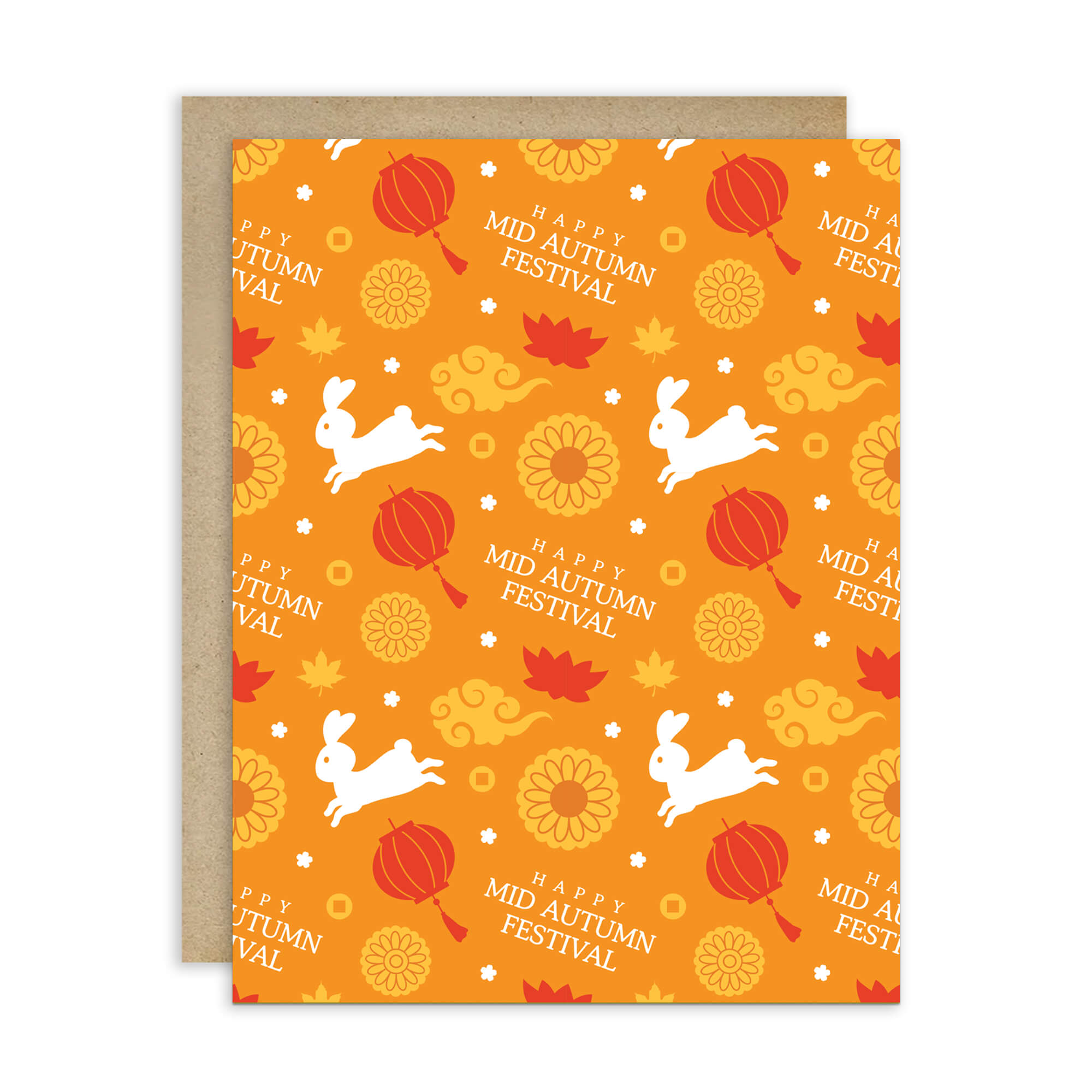 orange chinese vietnamese Greeting card with Mid Autumn Festival design featuring rabbits, mooncakes, and autumn leaves on an orange background.