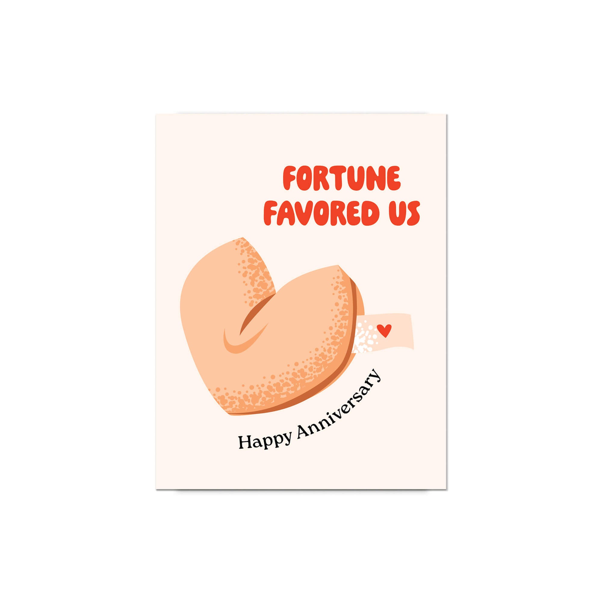 Card with a fortune cookie illustration and 'Fortune Favored Us' text on a white background