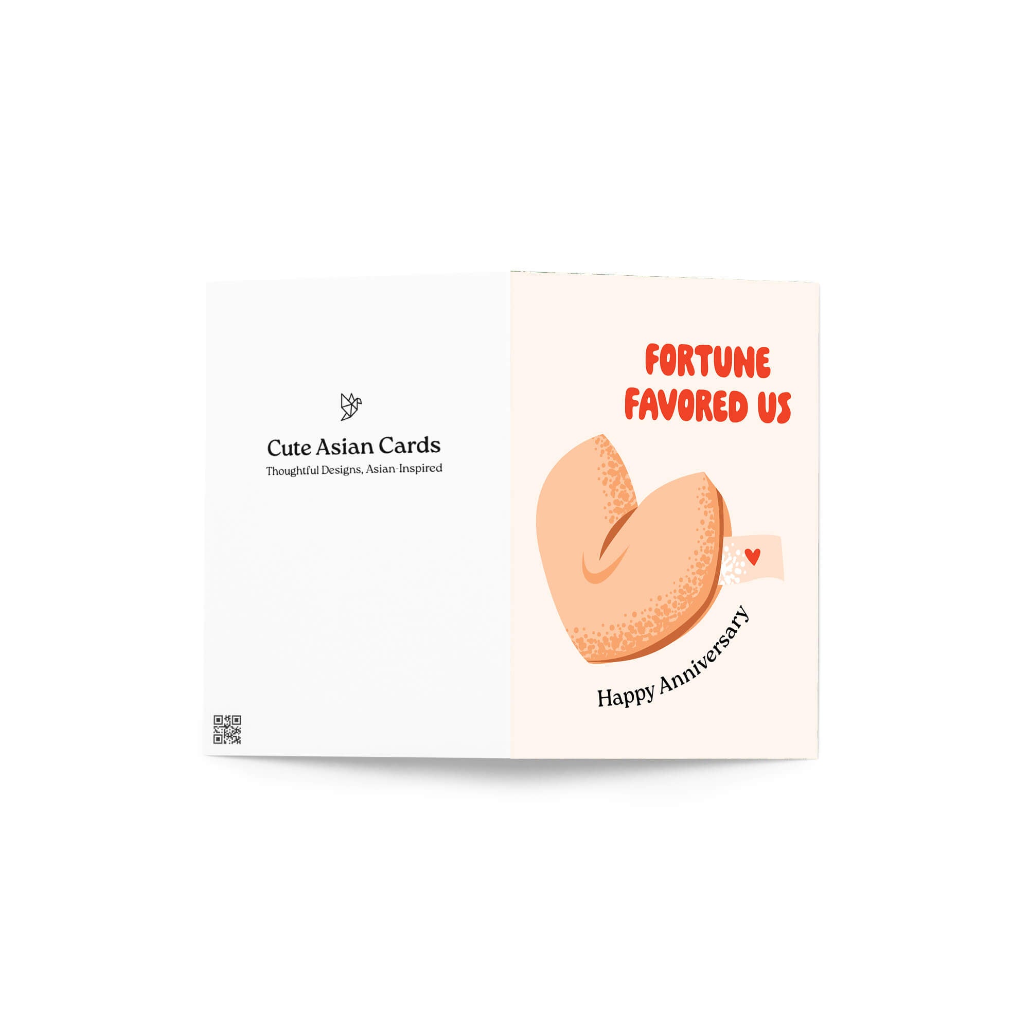 Card with a fortune cookie design and 'Fortune Favored Us' text on a white background
