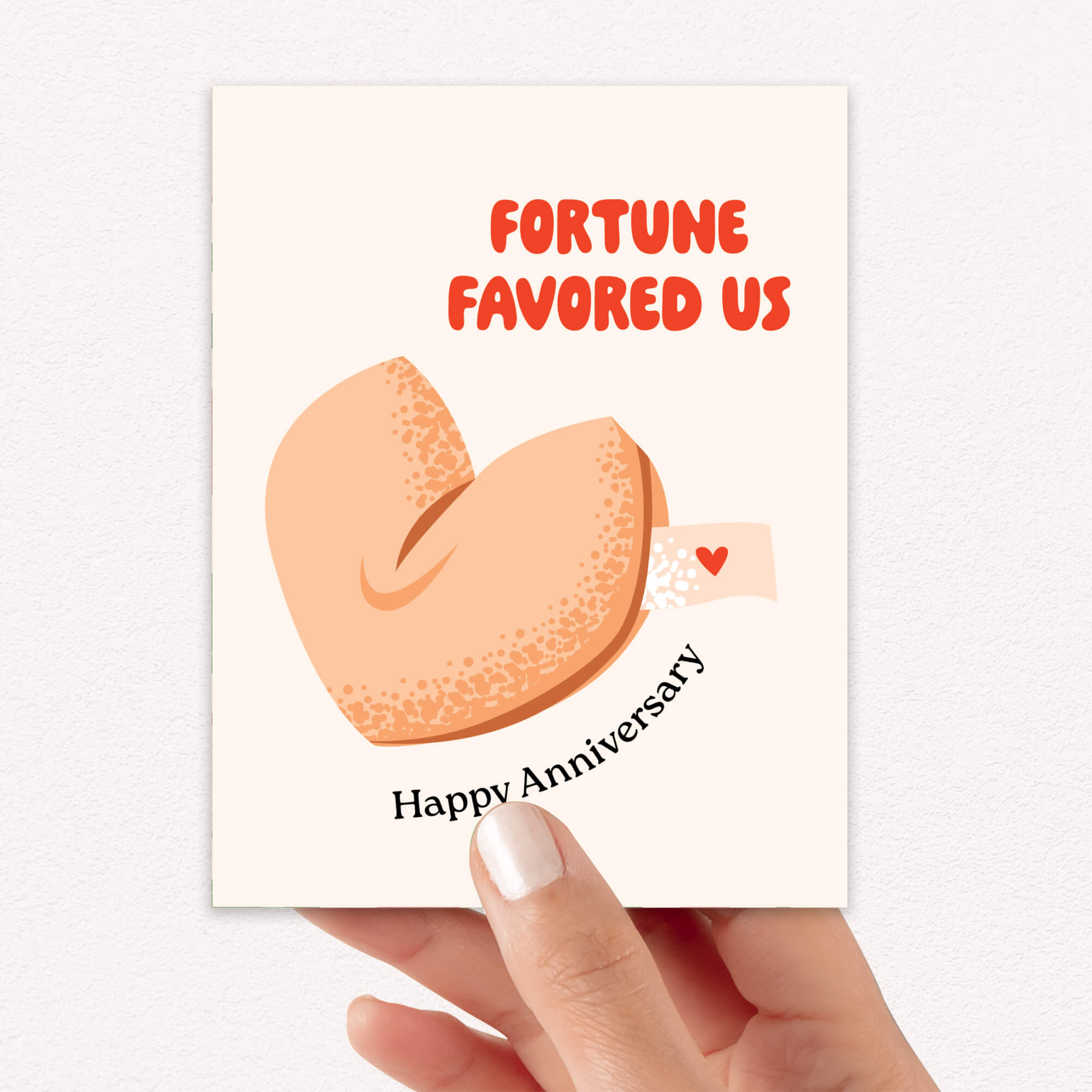 Card with a fortune cookie illustration and 'Fortune Favored Us' text on a white background.