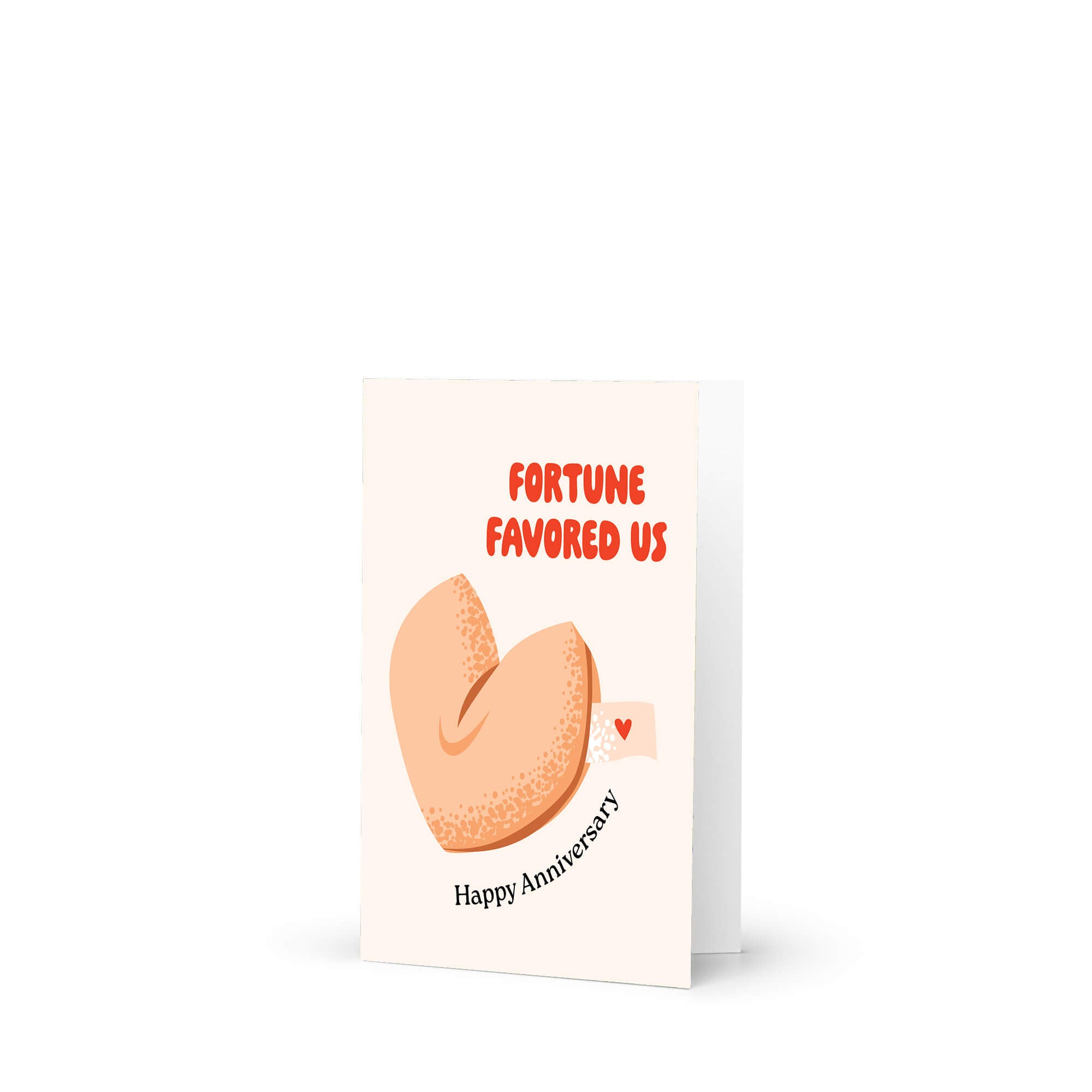 Greeting card with a fortune cookie illustration and 'Fortune Favored Us' text on a white background