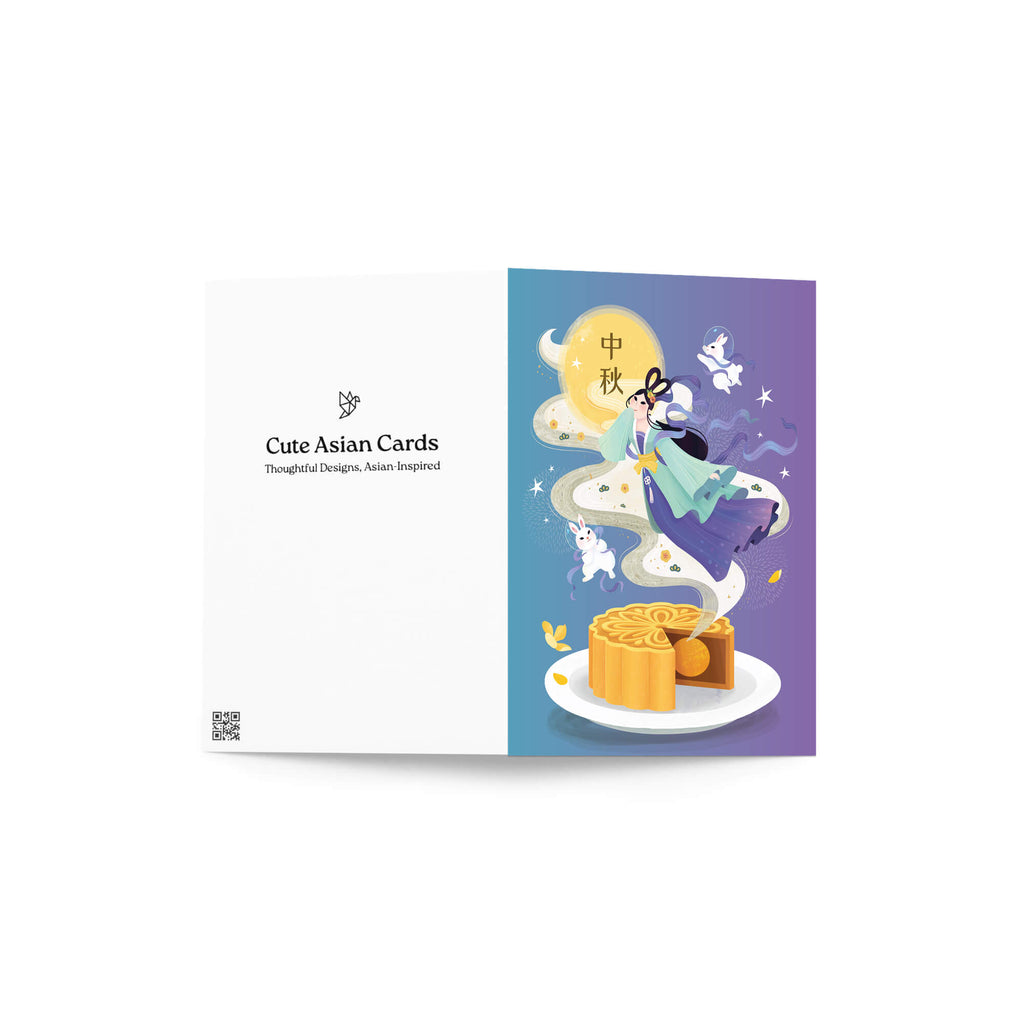 Chinese greeting Card with mooncake design and 'Cute Asian Cards' branding on a white background