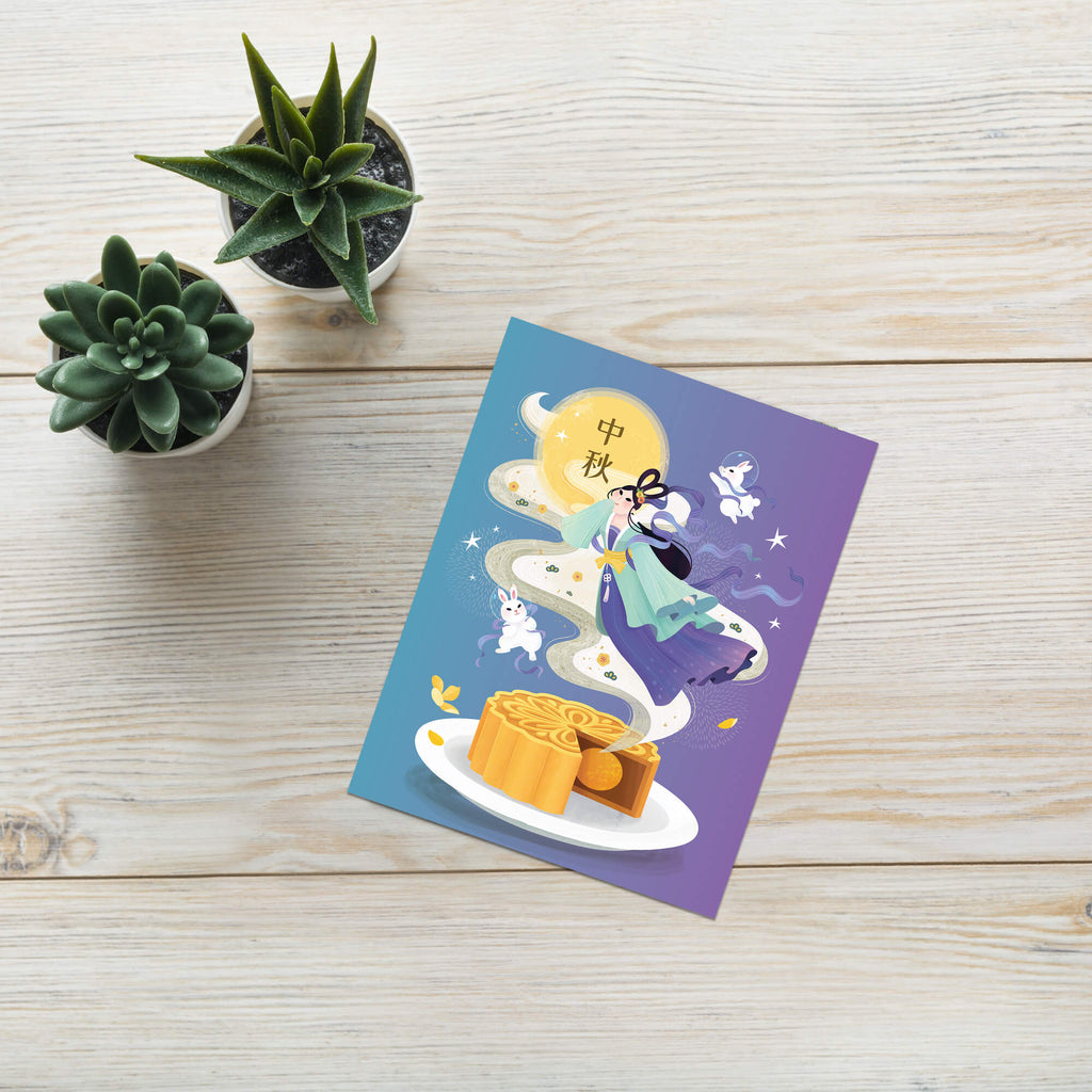 chinese mid autumn festival Greeting card with mooncake and moonlit scene on a wooden surface with plants