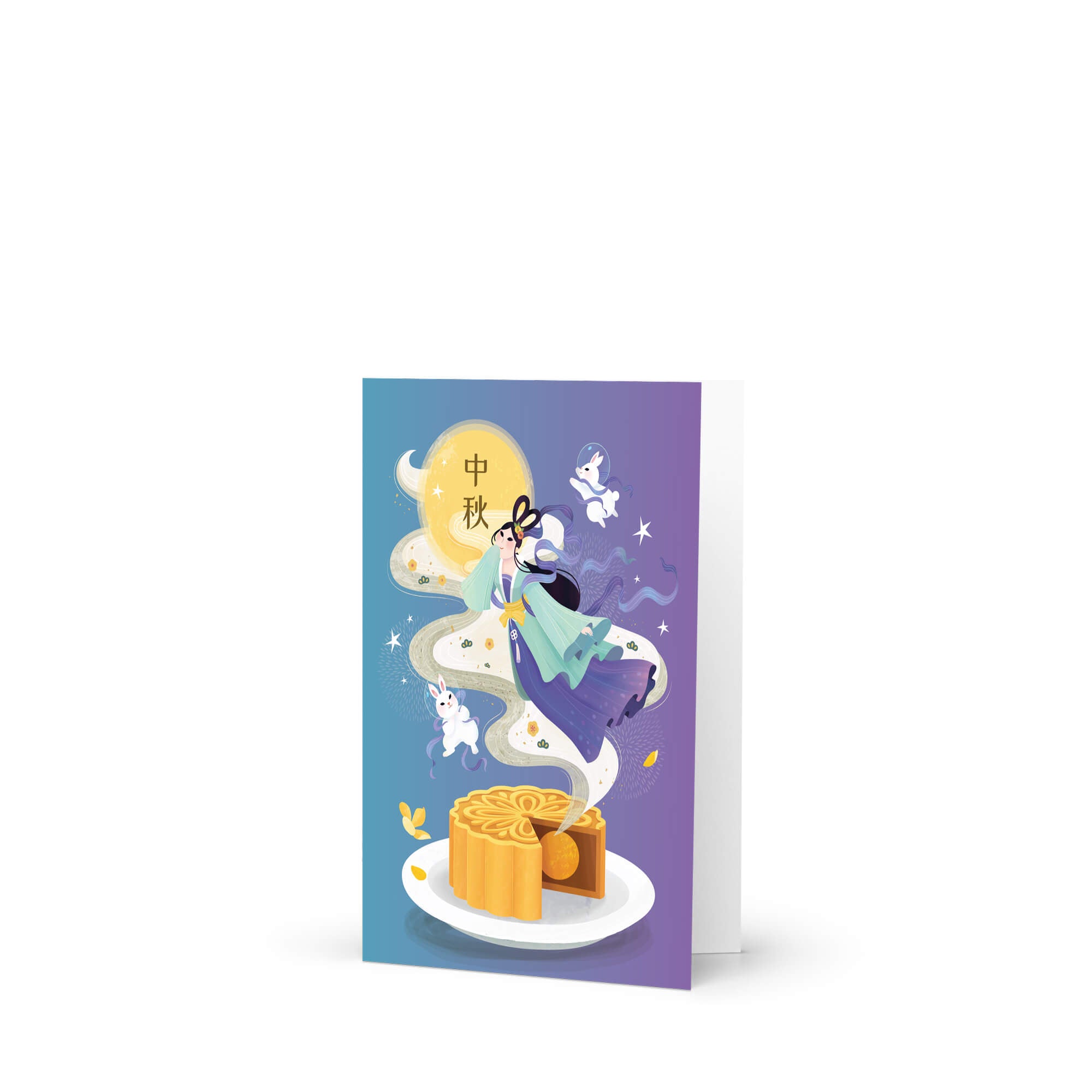 mid autumn festival Greeting card with a design of chinese folklore goddess chang e on a cloud with a moon, a mooncake, and white jade rabbits