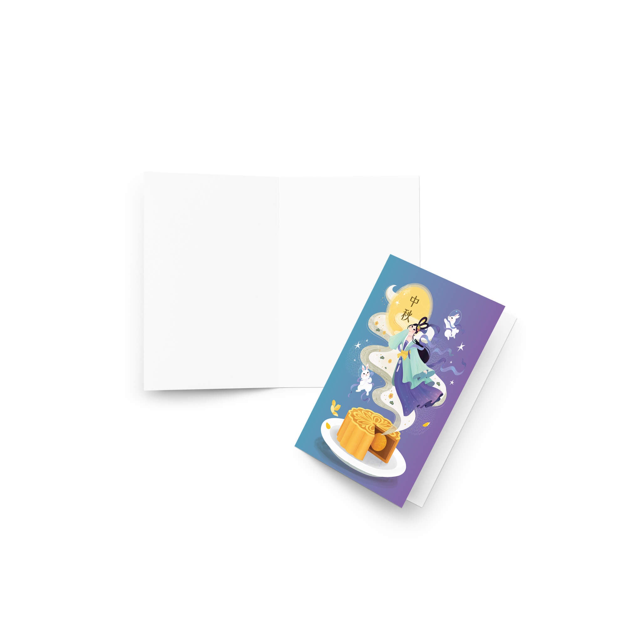 asian Greeting card with chinese folklore chang e goddess on a white background with white jade rabbits and a egg yolk center moon cake on a plate