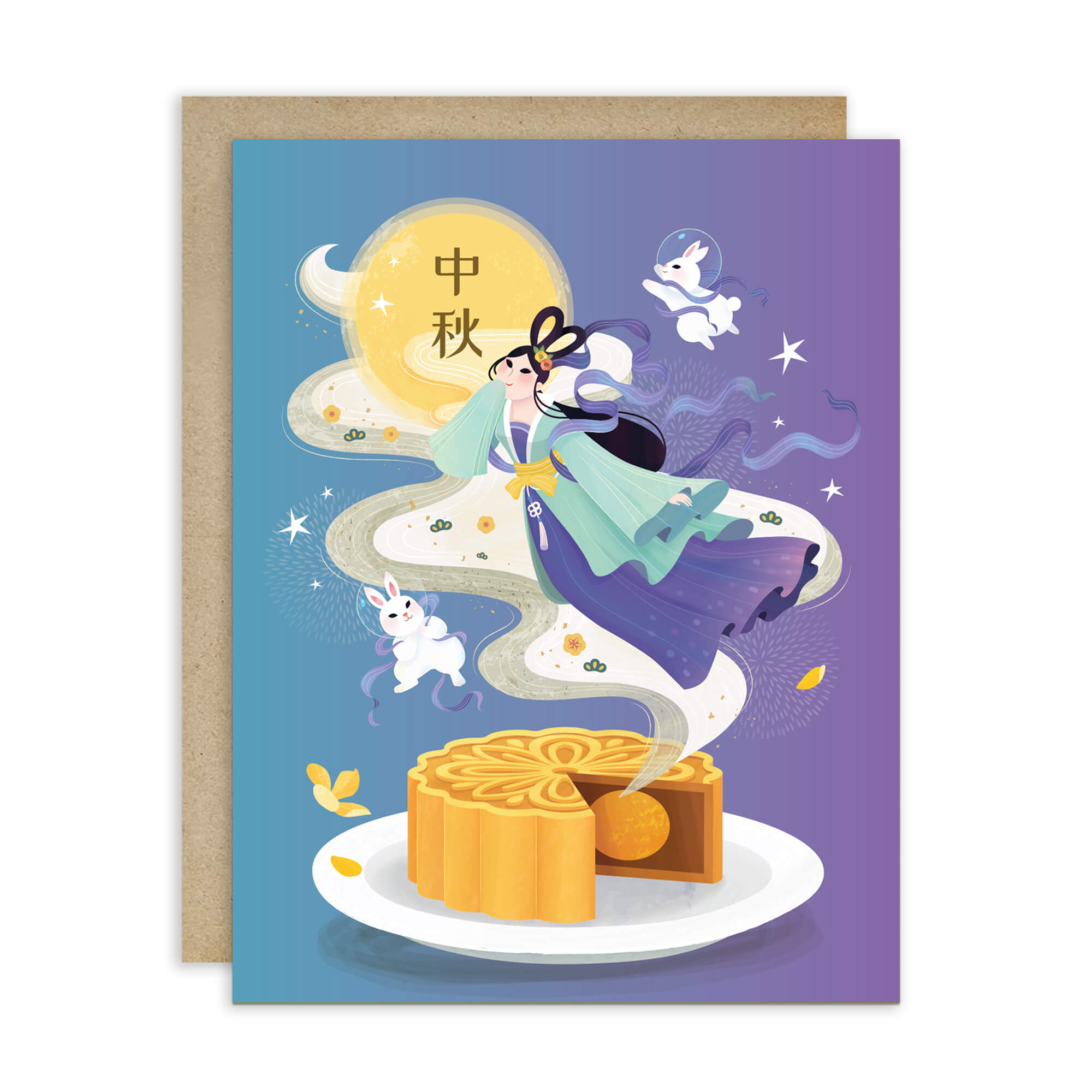 Asian Greeting card with traditional Chinese mooncake illustration and moonlit scene with mid-autumn