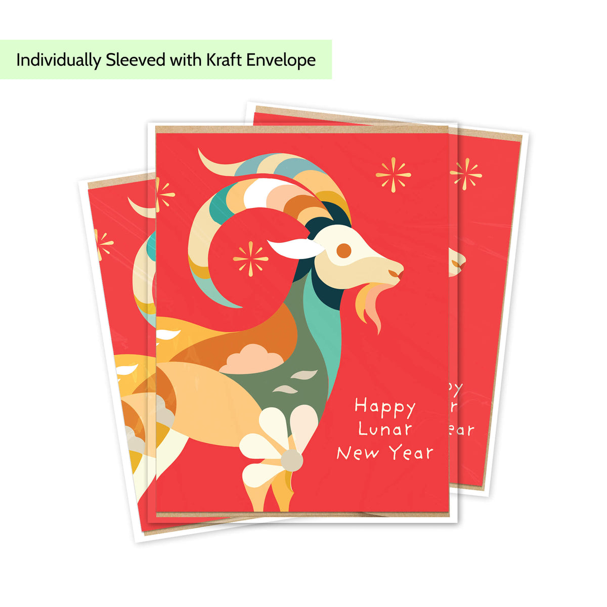 Three red New Year greeting cards stacked slightly offset, each with a white border and showing a stylized ram illustration with the text 'Happy Lunar New Year.' A pale green banner at the top reads 'Individually Sleeved with Kraft Envelope.