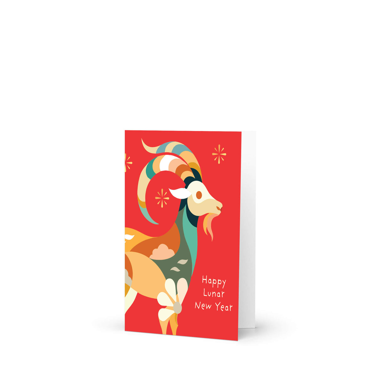 A chinese new year card featuring a stylized colorful ram illustration and the text 'Happy Lunar New Year' on a white background.